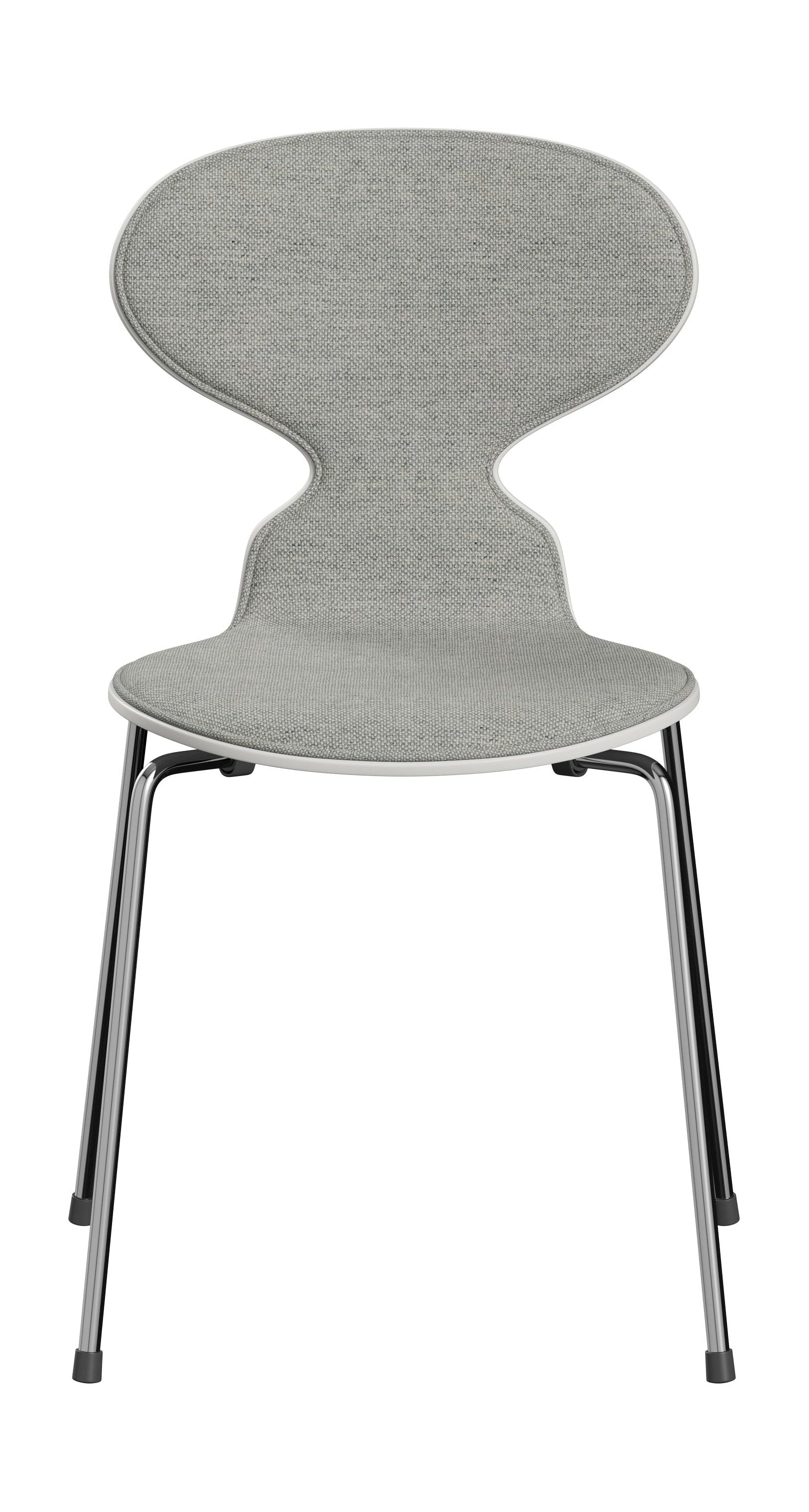 Fritz Hansen 3101 Ant stol foran polstret, skal: lakeret finer hvid, polstring: Hallingdal tekstil hvid/grå, base: stål/krom