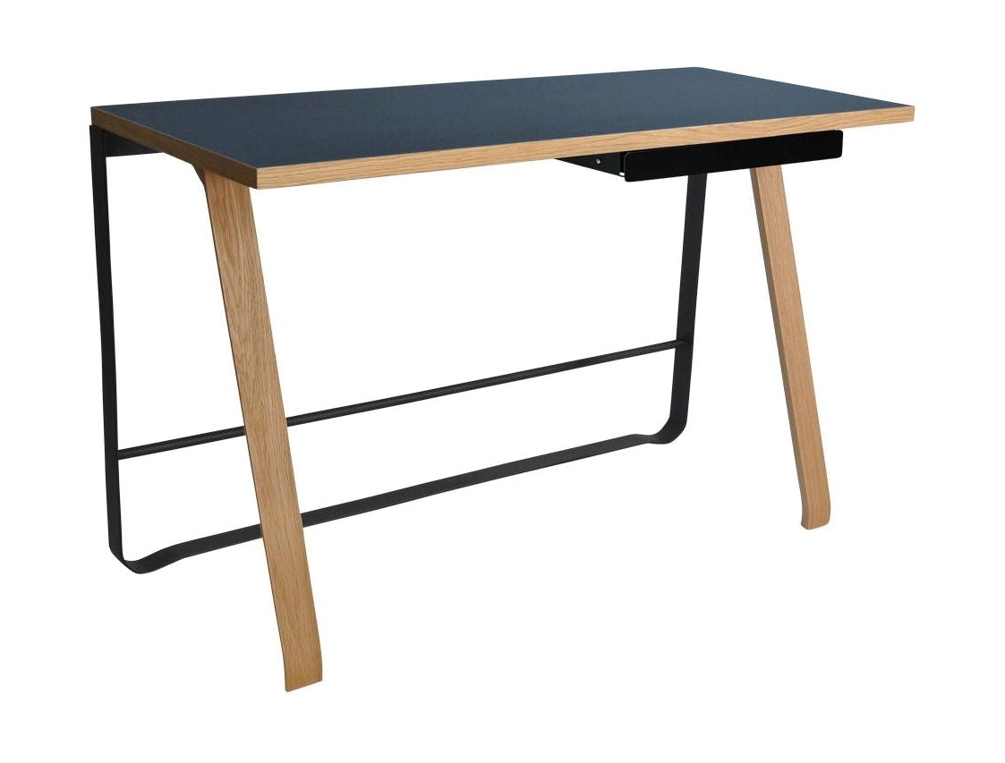 弯曲的汉森·海明威（Hansen Hemingway）桌子带抽屉l 120厘米，哑光漆橡木/烟熏蓝色油毡