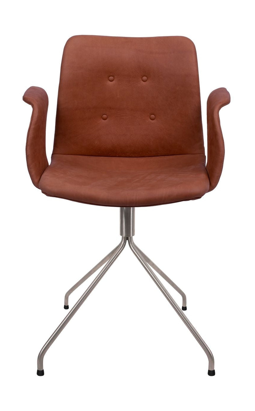 Bent Hansen Primum -stol med armlener i rustfritt stål, Brown Davos skinn