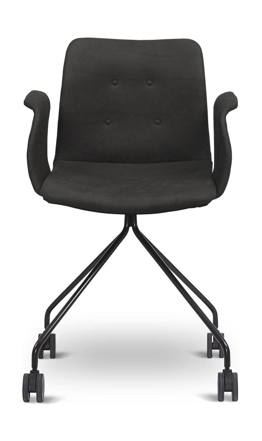弯曲的Hansen Primum椅子带有扶手的黑色轮架，黑色Zenso皮革