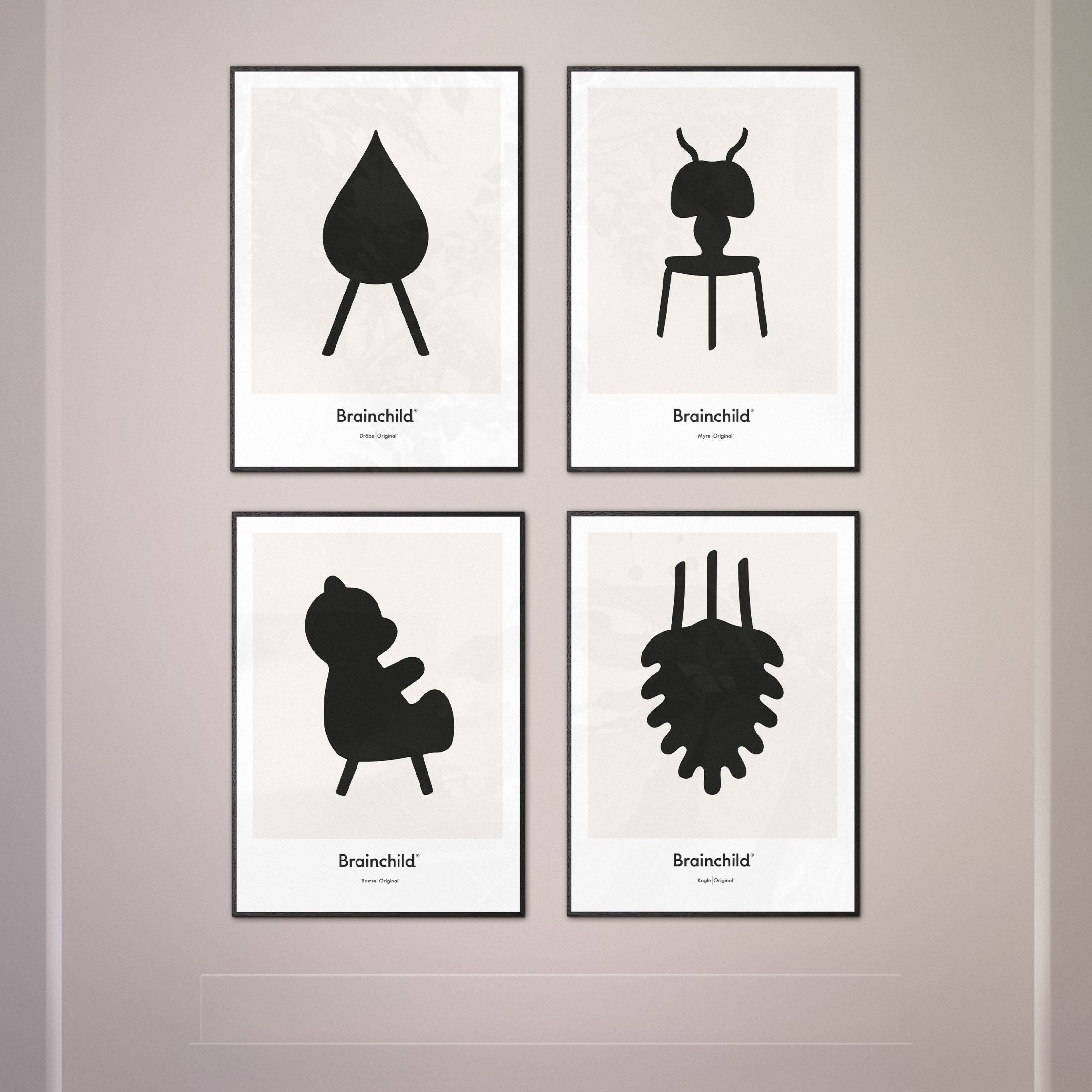 Brainchild Ameisen Design Icon Poster, Rahmen aus hellem Holz 50x70 Cm, Grau