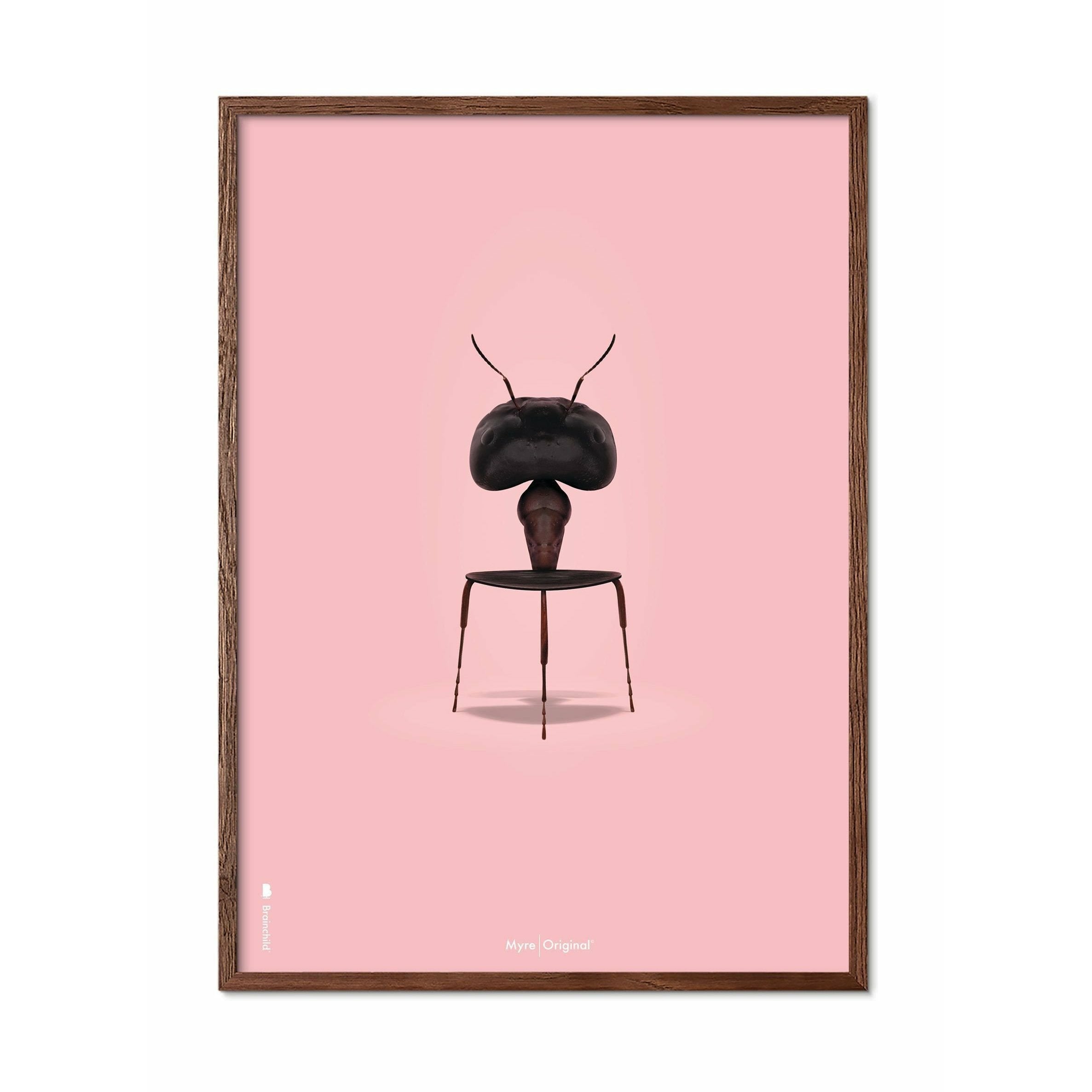 Brainchild Ameise Classic Poster, Rahmen aus dunklem Holz 50x70 cm, rosa Hintergrund