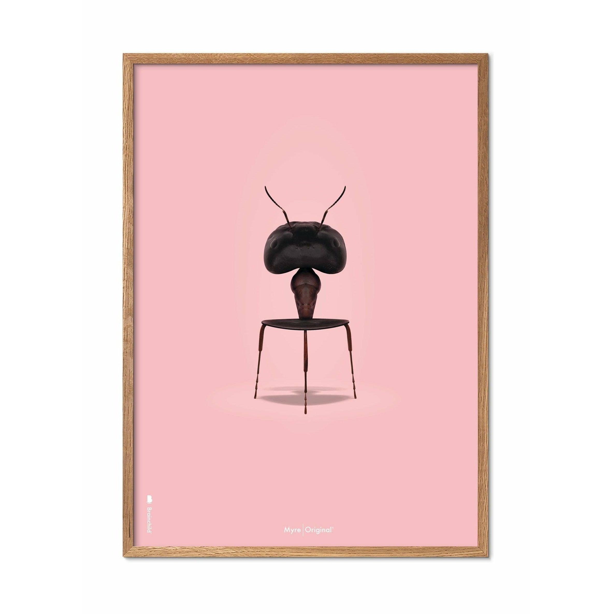 Brainchild Ameise Classic Poster, Rahmen aus hellem Holz 70x100 Cm, rosa Hintergrund