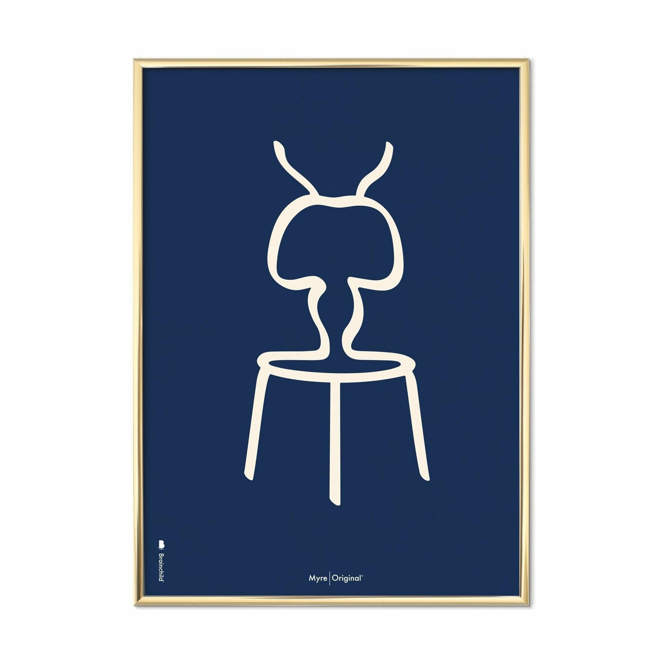 Brainchild Ant Line Poster, messing gekleurd frame 30 x40 cm, blauwe achtergrond