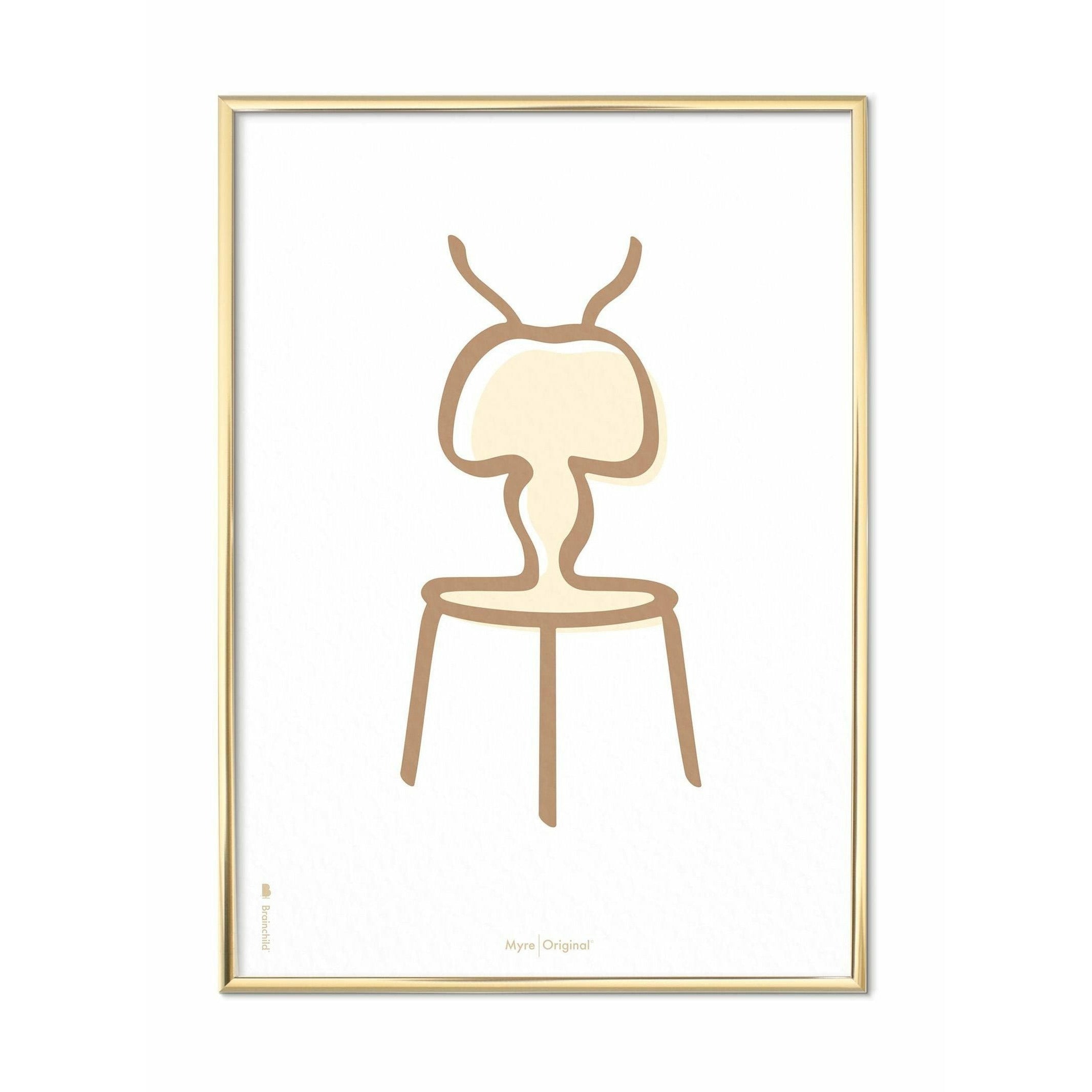 Brainchild Ant Line Poster, Brass Colored Frame 50x70 Cm, White Background