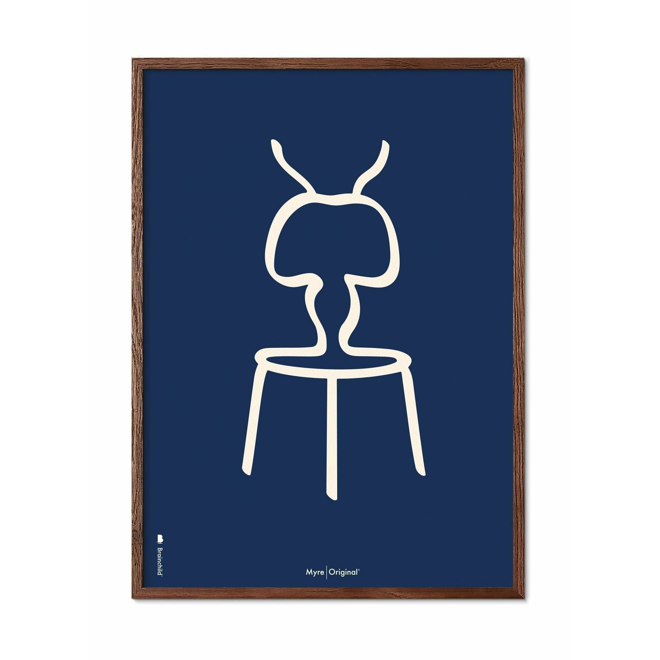 Brainchild Ant Line Poster, frame gemaakt van donker hout 50x70 cm, blauwe achtergrond