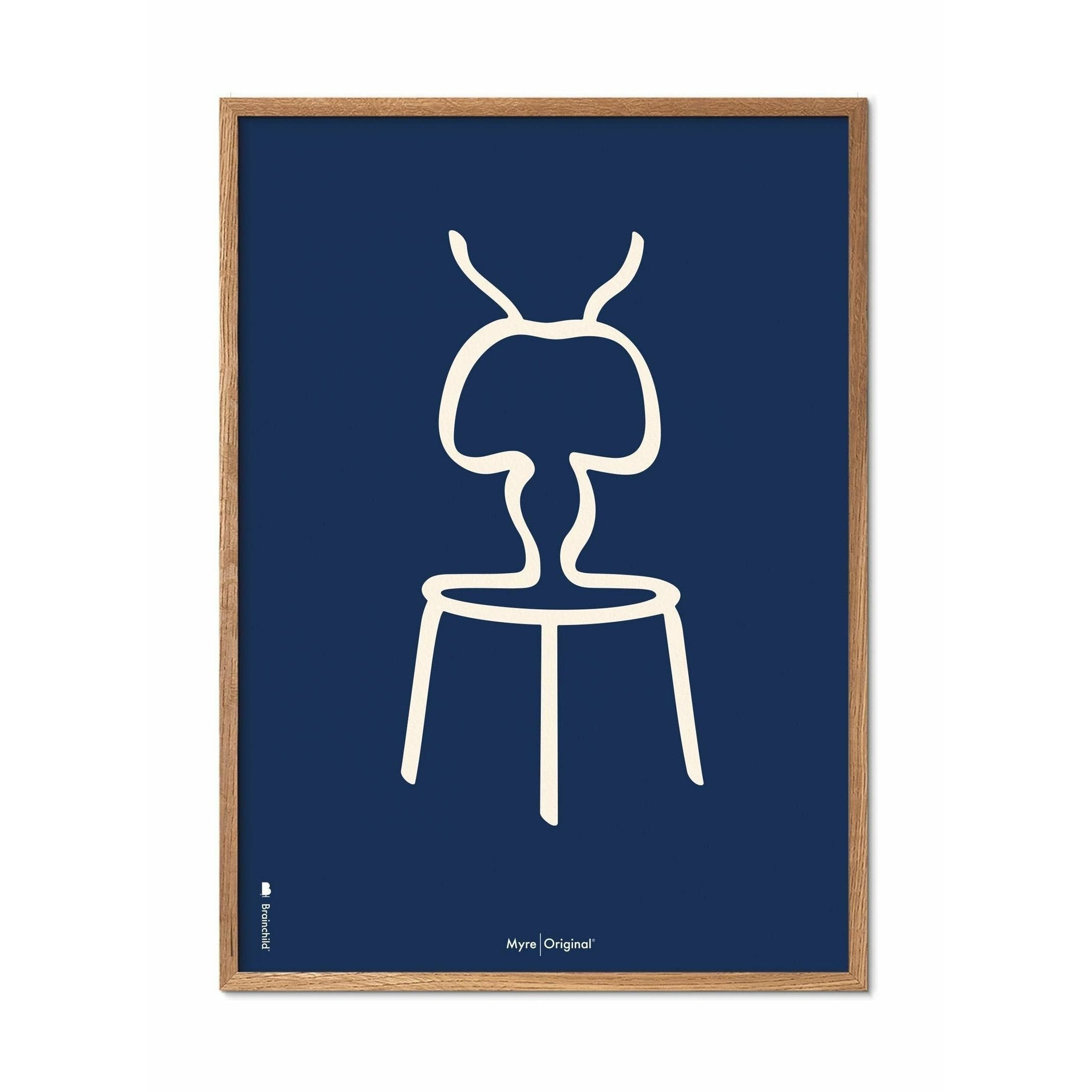 Póster de línea de hormigas de creación, marco hecho de madera clara 50x70 cm, fondo azul