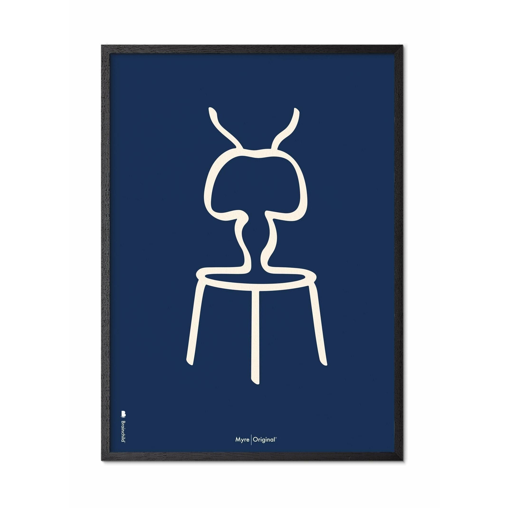 Brainchild Ant Line Poster, Frame In Black Lacquered Wood 30x40 Cm, Blue Background