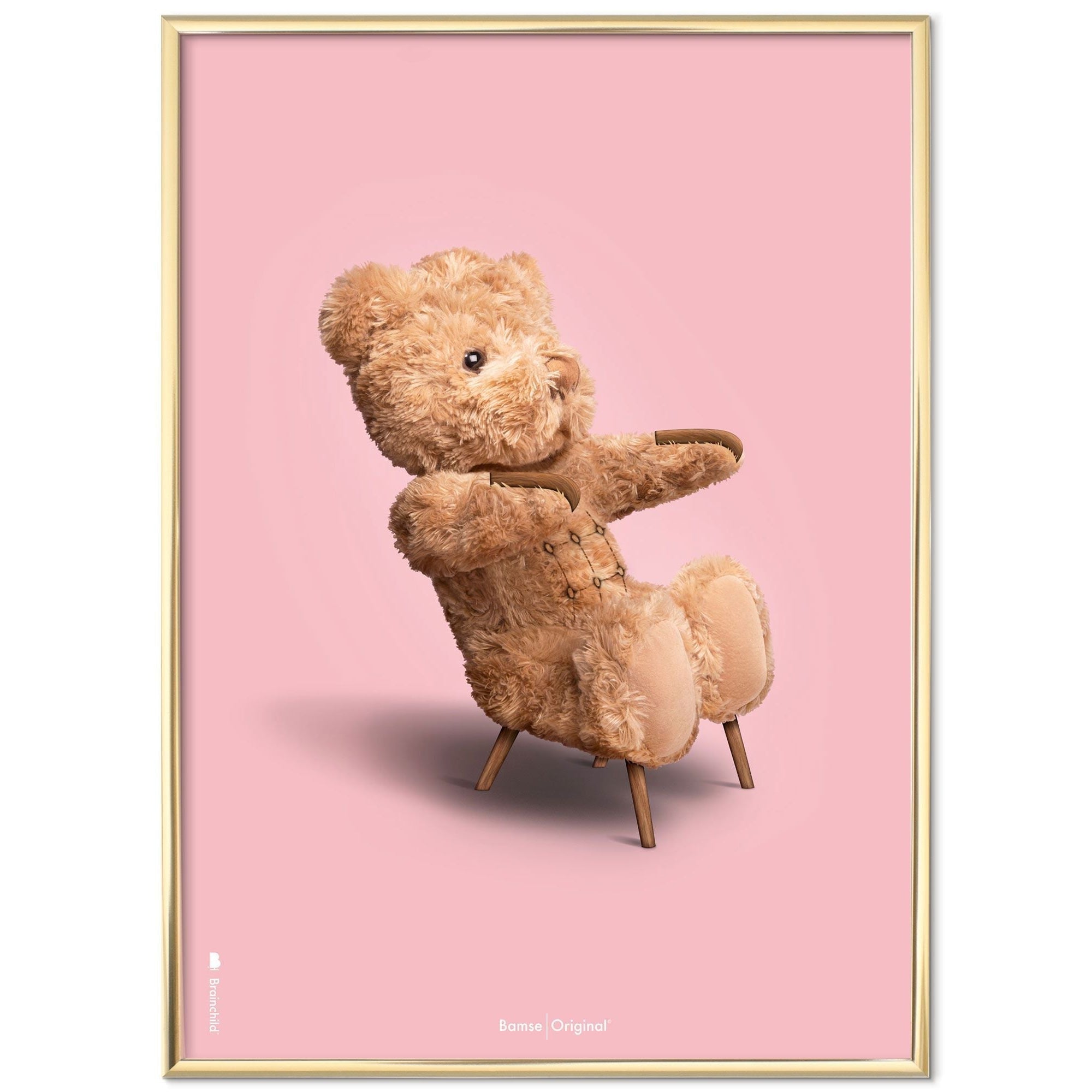Brainchild Teddy Bear Classic Poster Brass Colored Frame A5, Pink Background