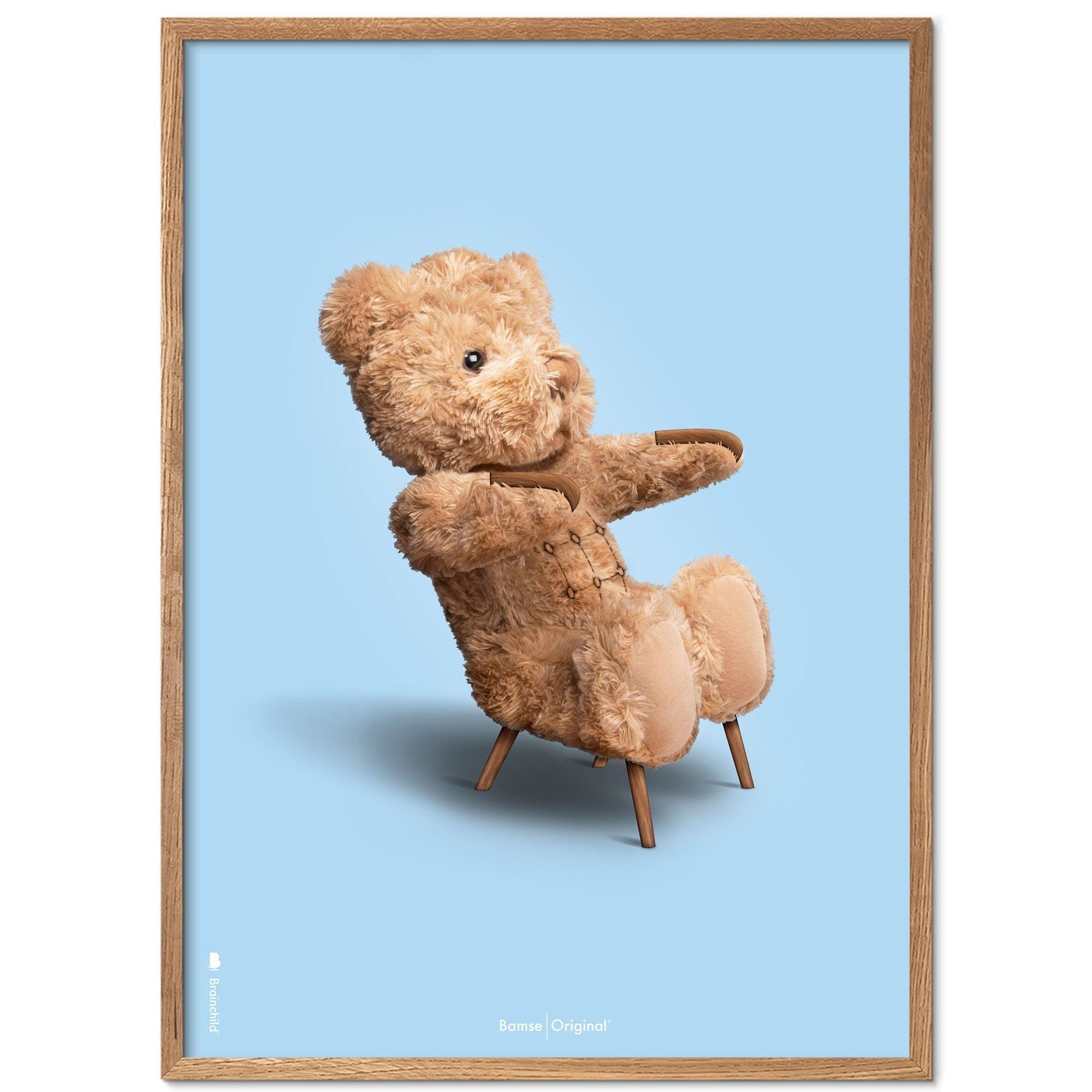 创意泰迪熊经典海报框架由浅木拉姆制成30x40厘米，浅蓝色背景
