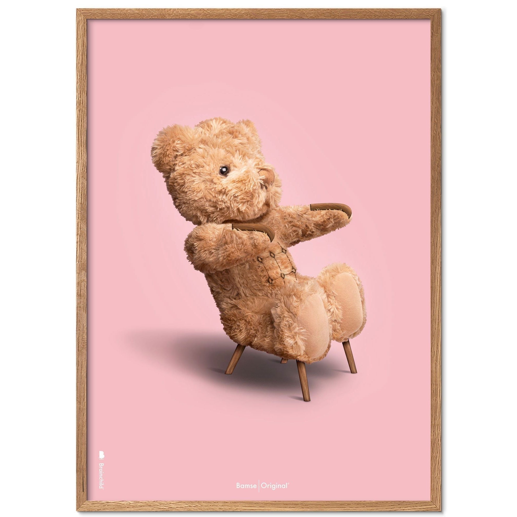 Brainchild Teddybeer klassiek poster frame gemaakt van licht hout ramme 70x100 cm, roze achtergrond