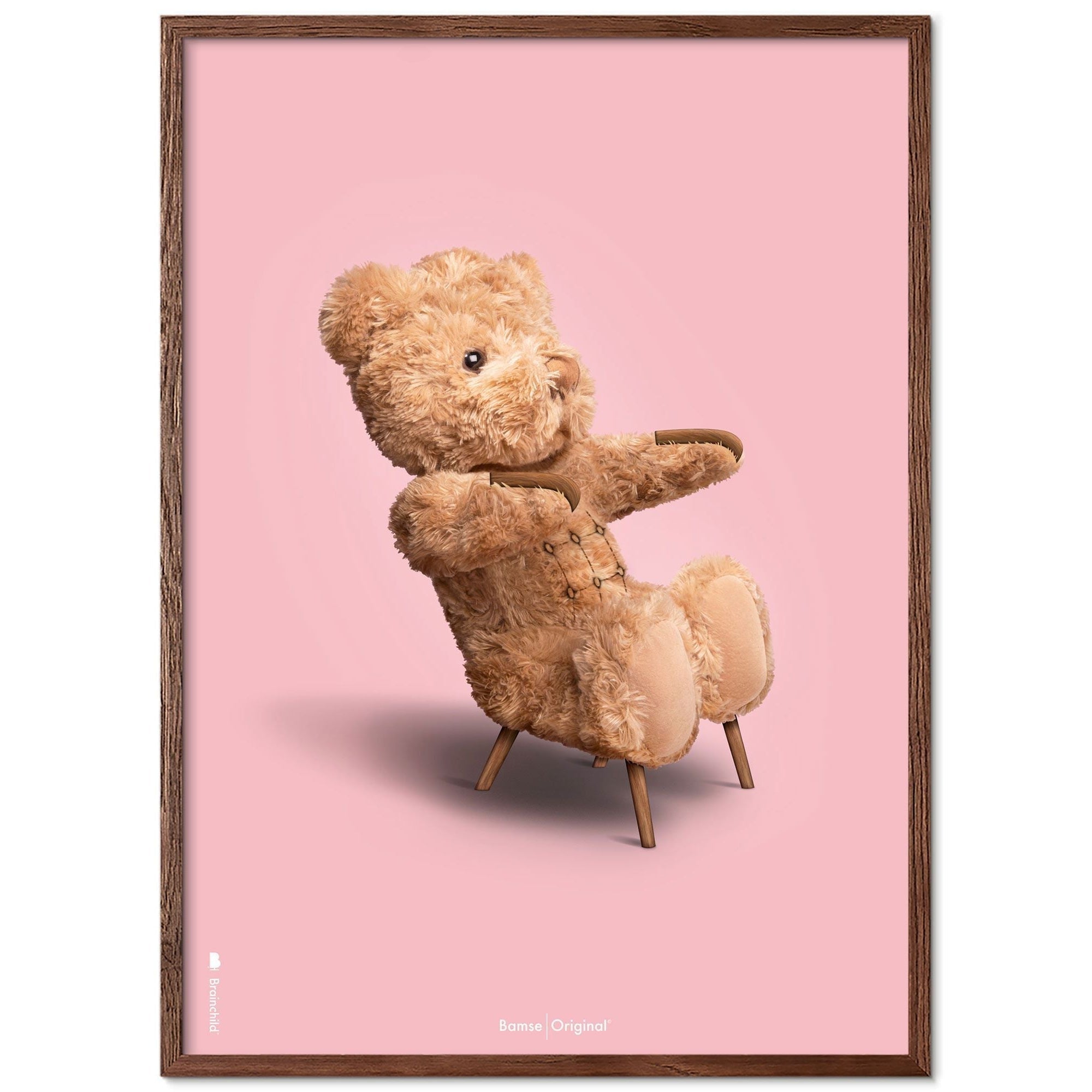Brainchild Teddybeer klassiek poster frame gemaakt van donker hout ram 30x40 cm, roze achtergrond