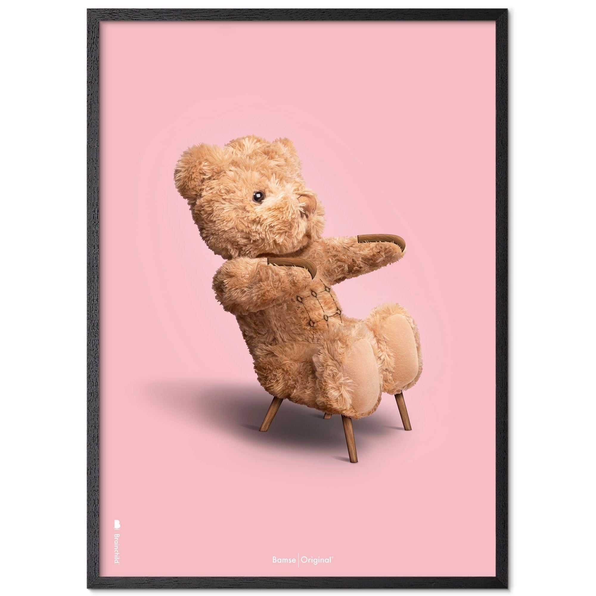 Marco de póster clásico de oso de peluche de creación hecha de madera lacada negra 30x40 cm, fondo rosa