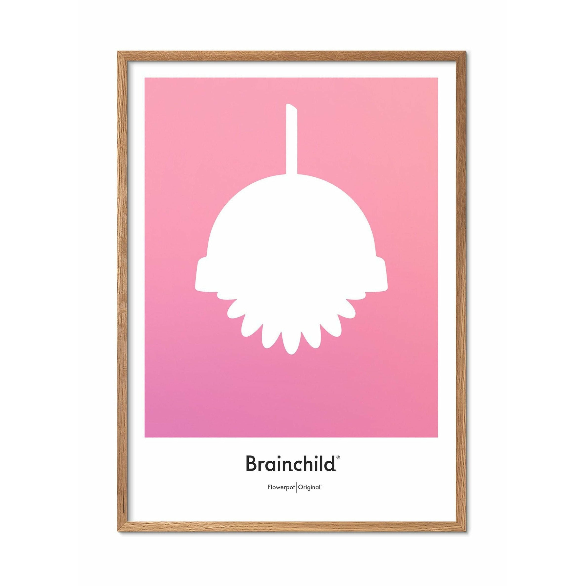 Brainchild Blumentopf Design Icon Poster, Rahmen aus hellem Holz 30x40 Cm, Rosa