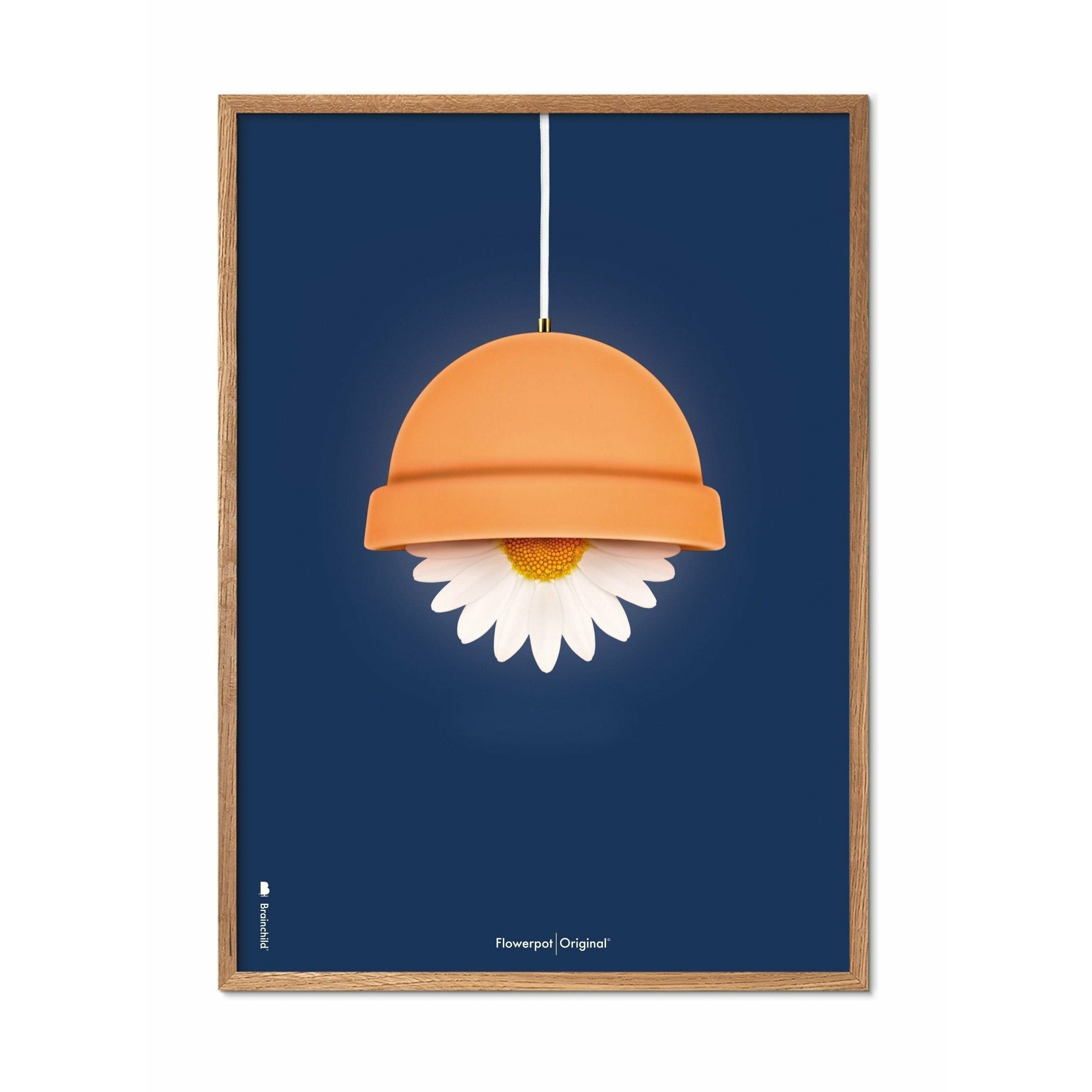 Brainchild Blumentopf Classic Poster, Rahmen aus hellem Holz 70x100 Cm, dunkelblauer Hintergrund