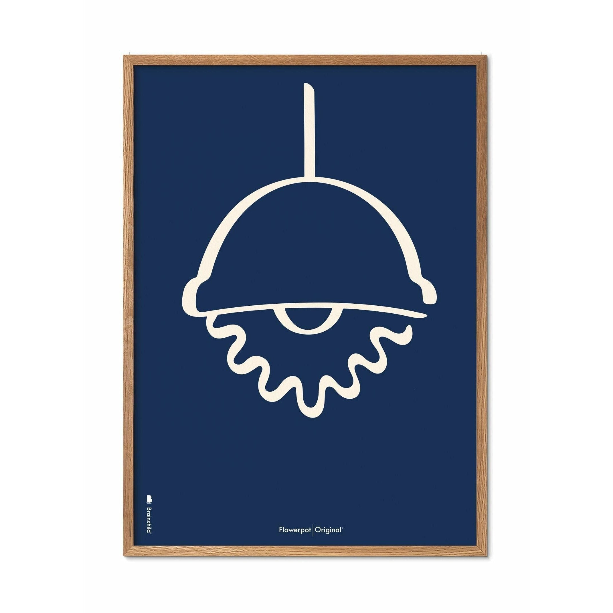 Brainchild Blumentopf Line Poster, Rahmen aus hellem Holz 30x40 Cm, blauer Hintergrund