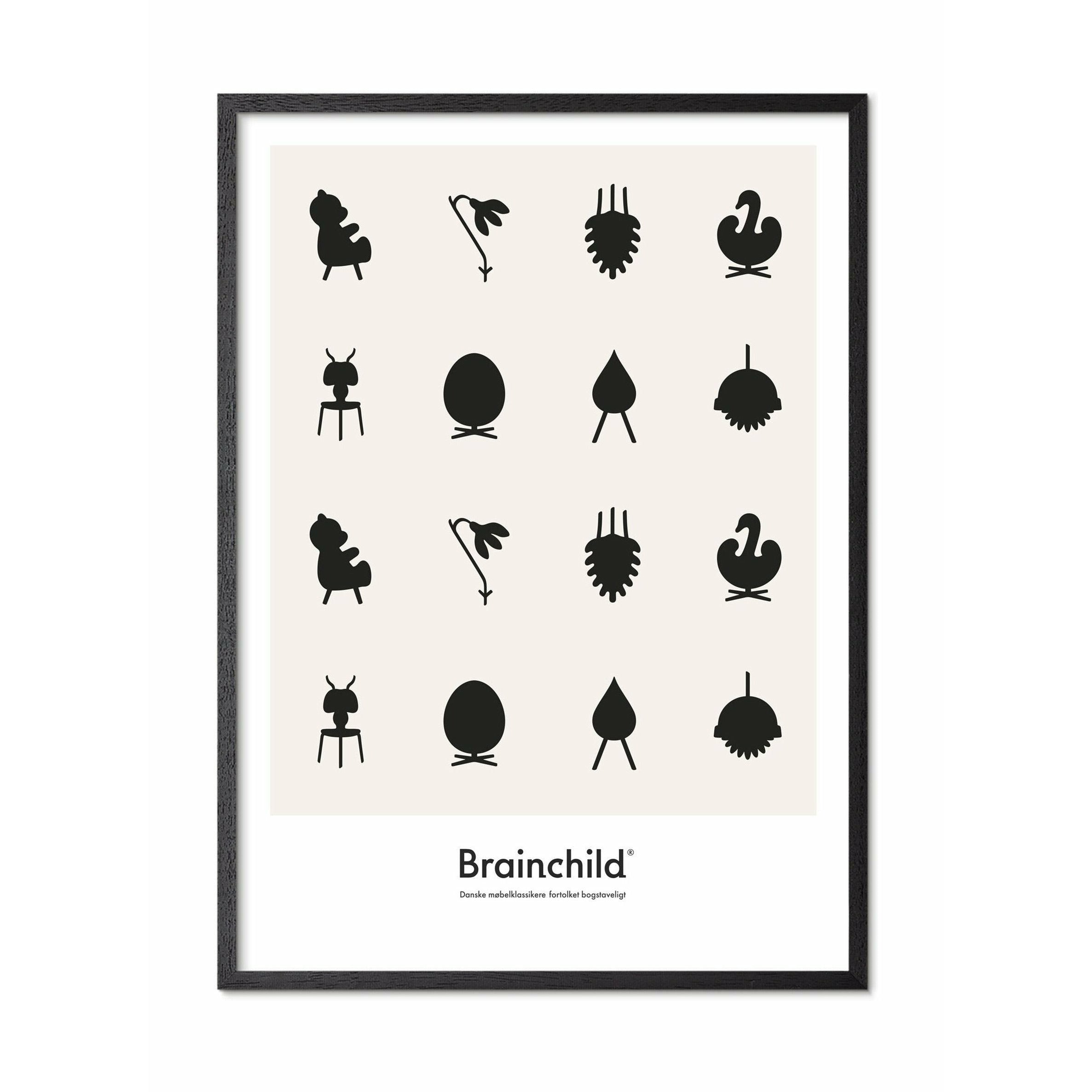 Brainchild Design Icon Poster, Frame Made Of Black Lacquered Wood 50x70 Cm, Grey