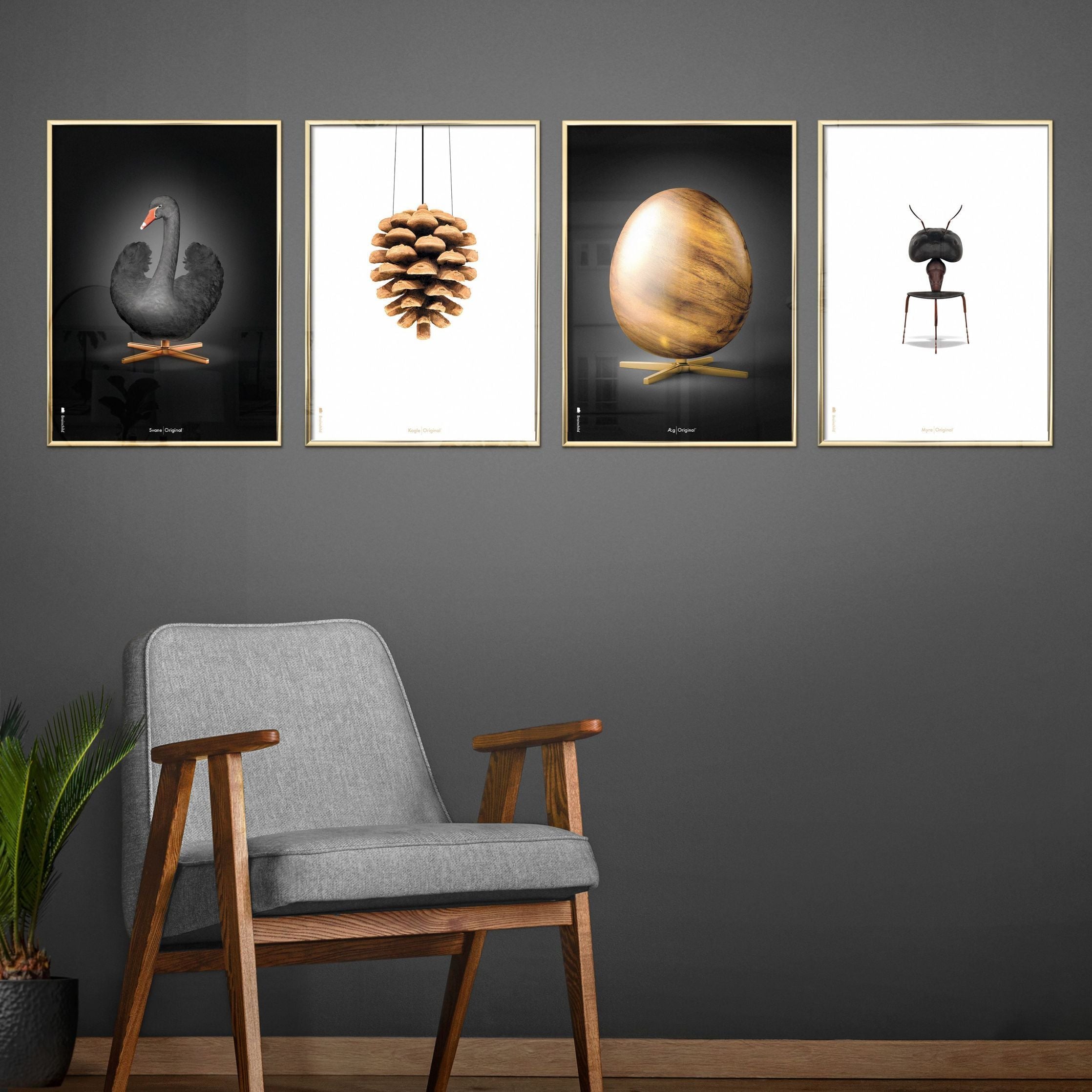 Brainchild Ei-Figuren Poster, Rahmen aus hellem Holz 70x100 Cm, Schwarz