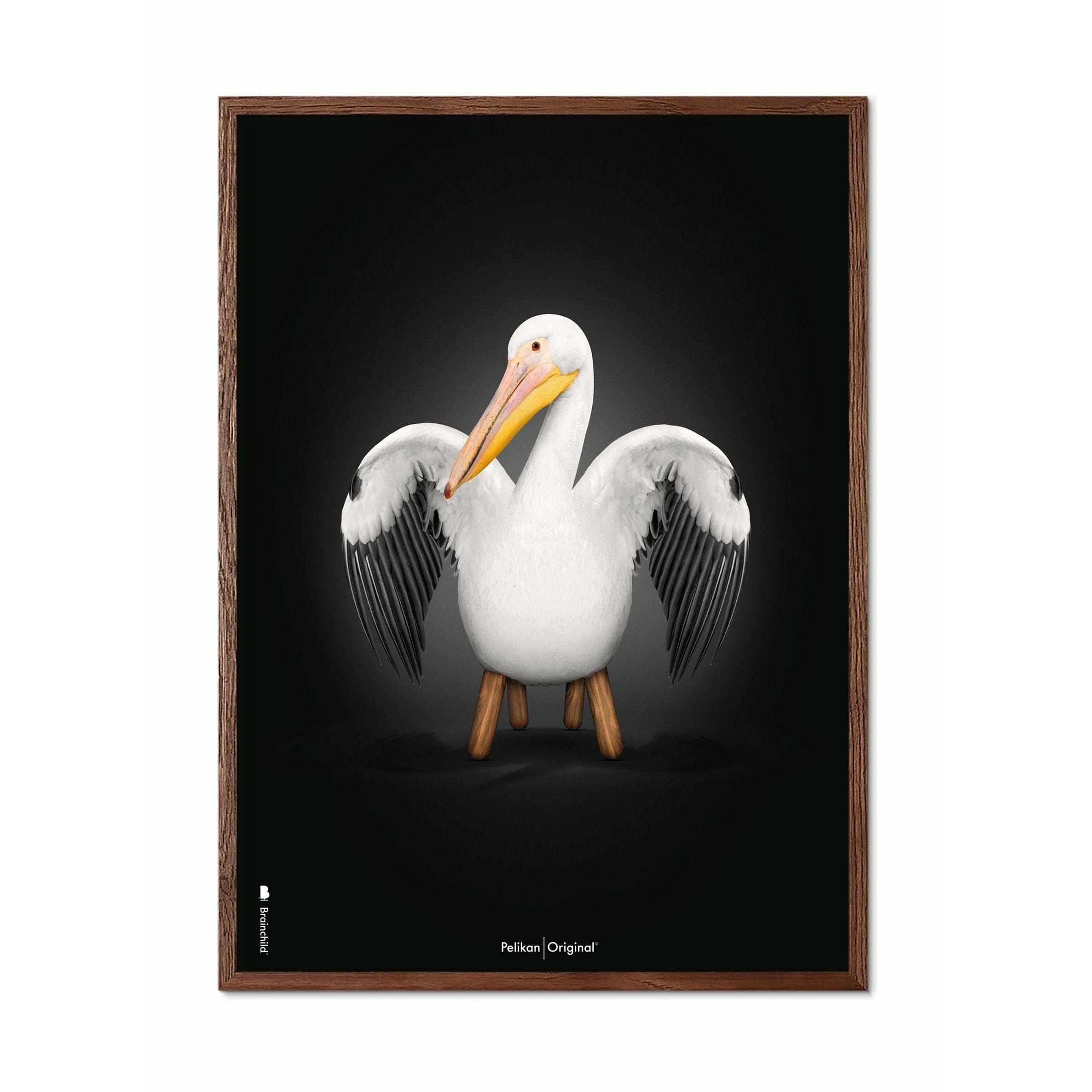 Brainchild Pelikan Classic Poster, Dark Wood Frame 50x70 Cm, Black Background