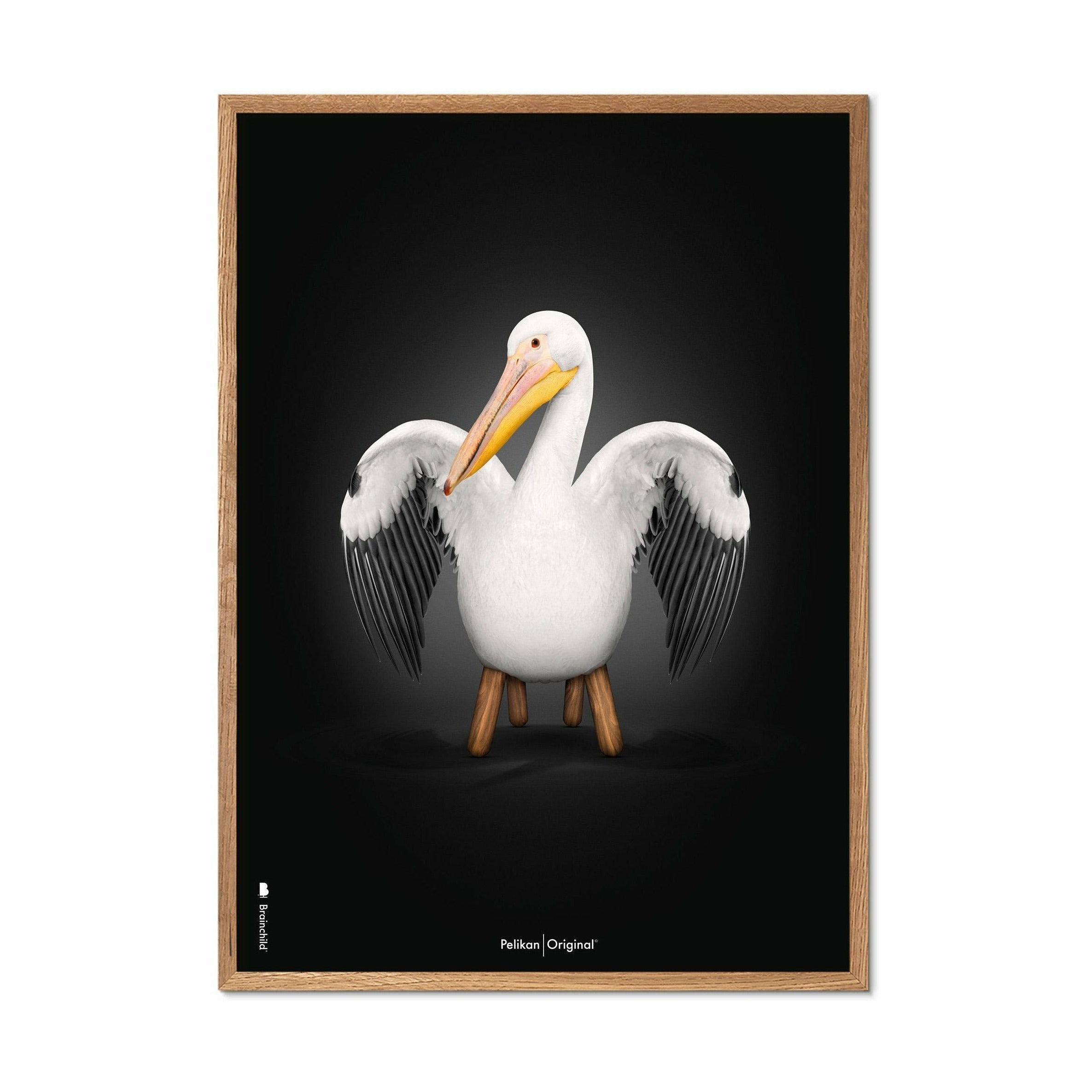 Brainchild Pelikan Classic Poster, Rahmen aus hellem Holz 50x70 cm, schwarzer Hintergrund