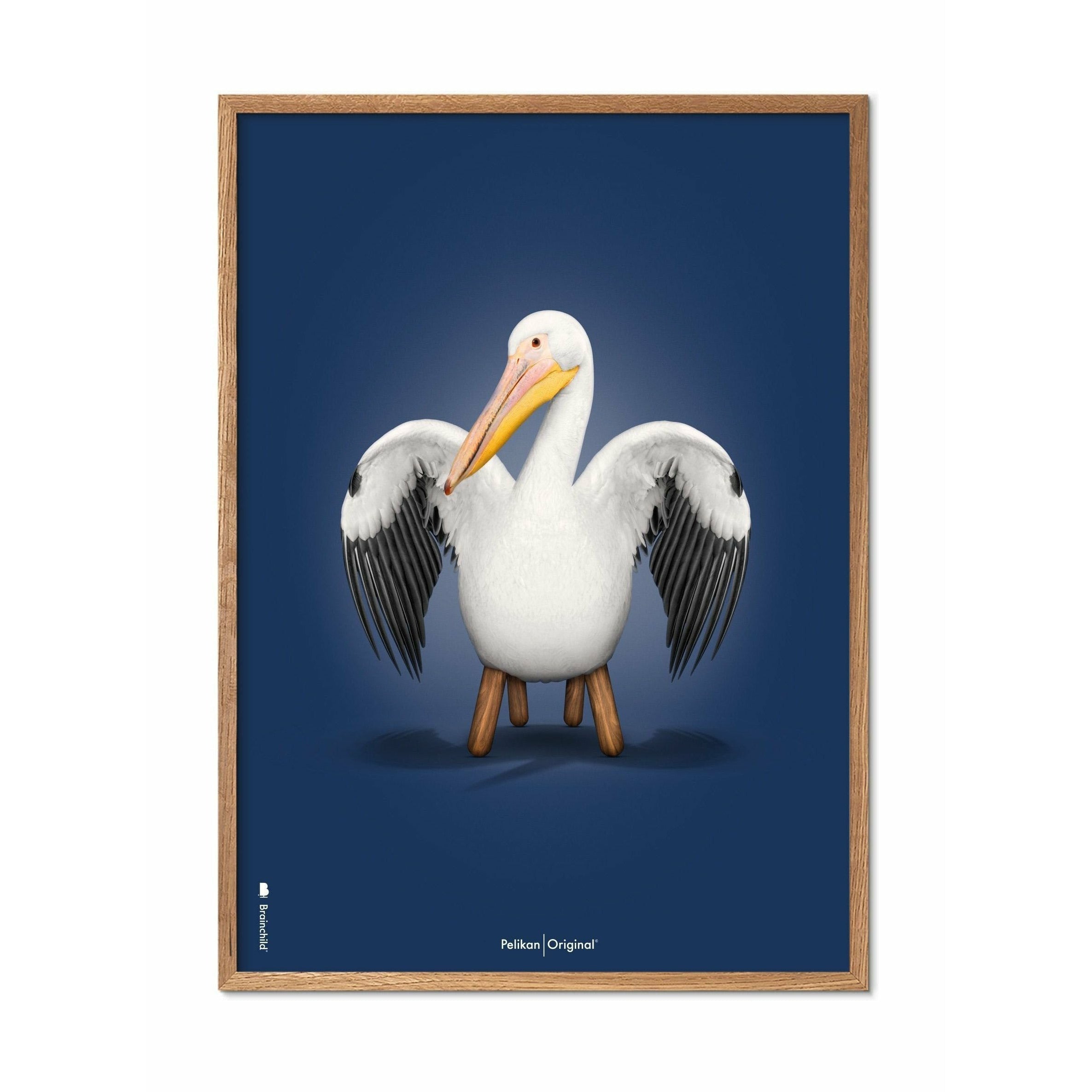 brainchild Poster classique Pelikan, cadre en bois clair A5, fond bleu foncé