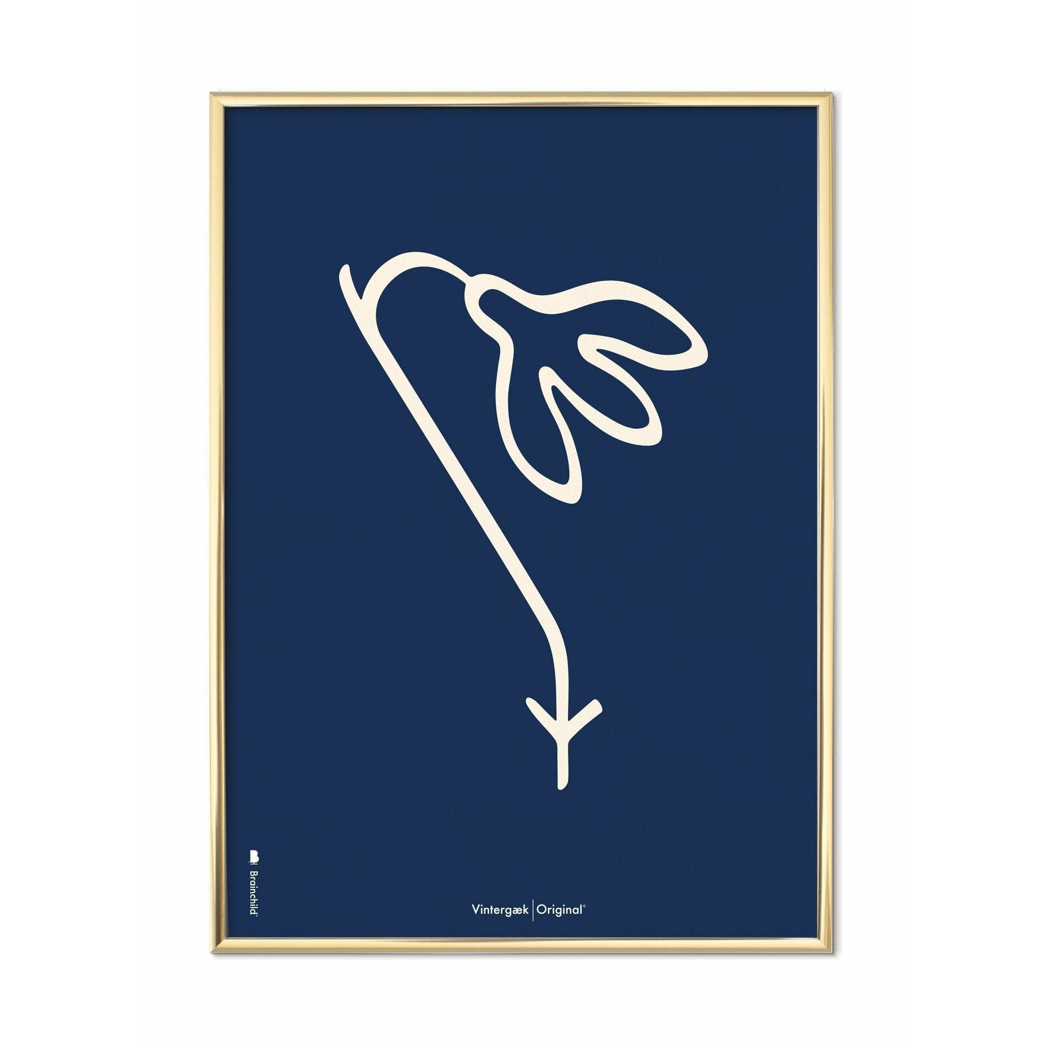 Brainchild Snowdrop Line Poster, messing gekleurd frame 50x70 cm, blauwe achtergrond
