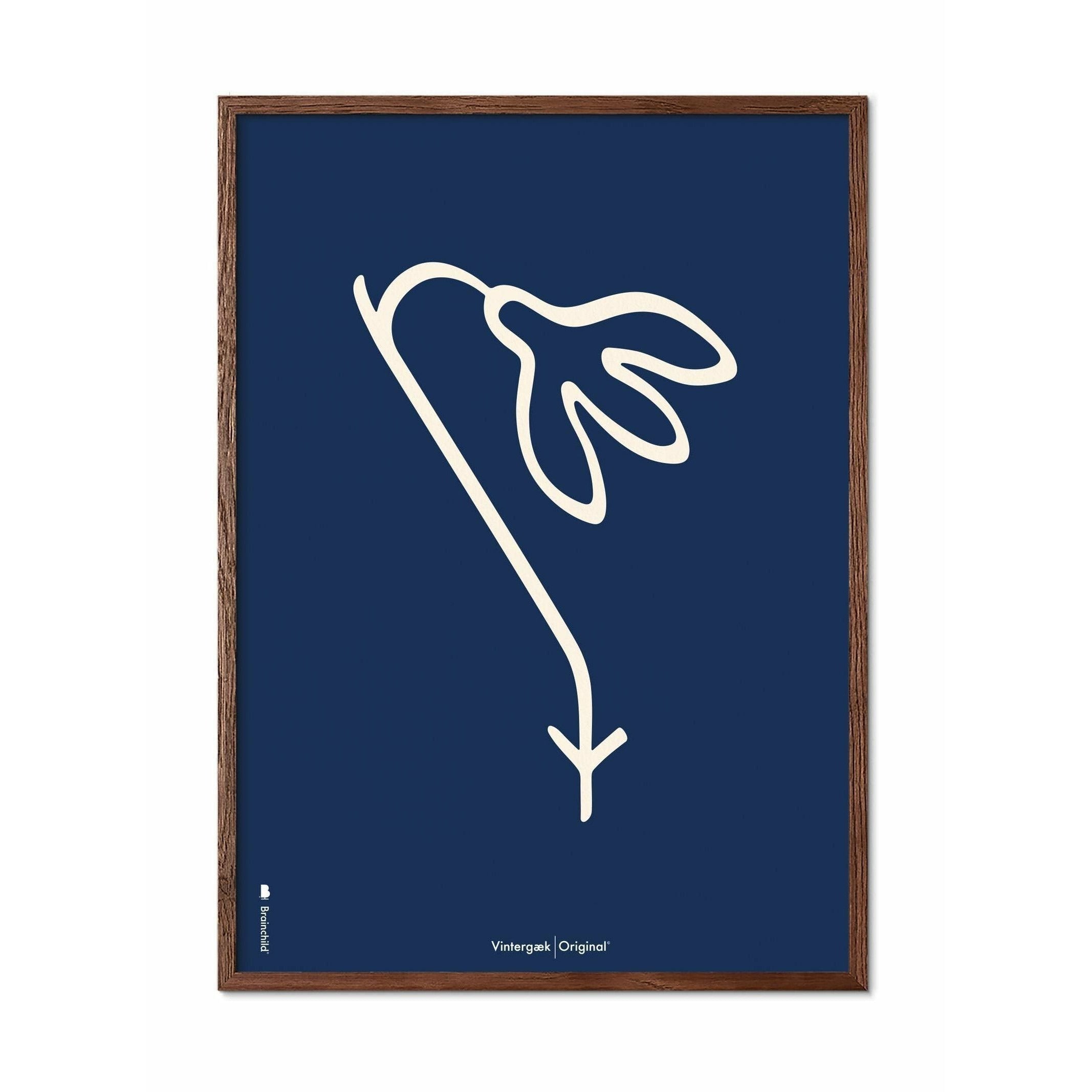 Brainchild Snowdrop Line Poster, Dark Wood Frame A5, blauwe achtergrond