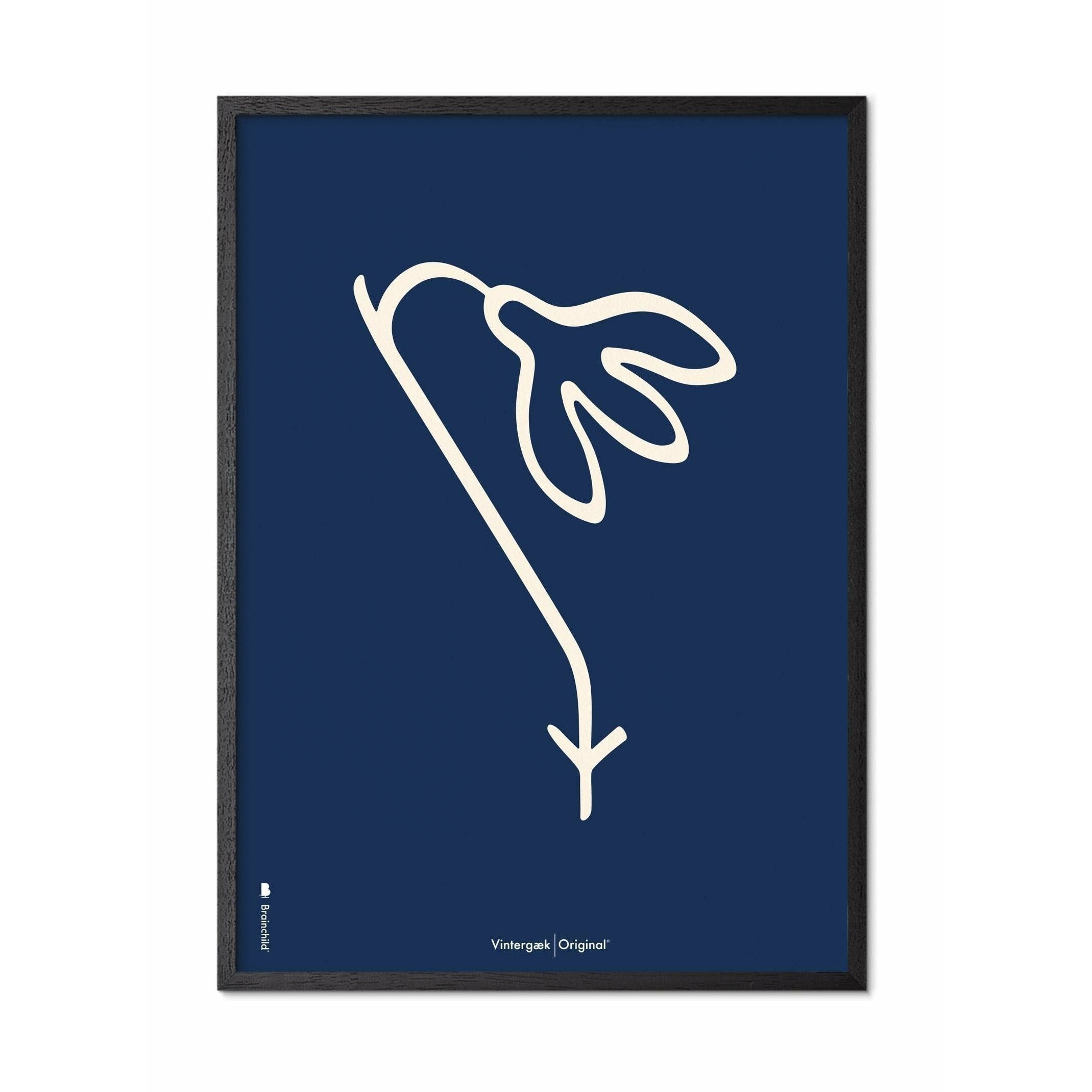 Brainchild Snowdrop Line Poster, Frame In Black Lacquered Wood 50x70 Cm, Blue Background