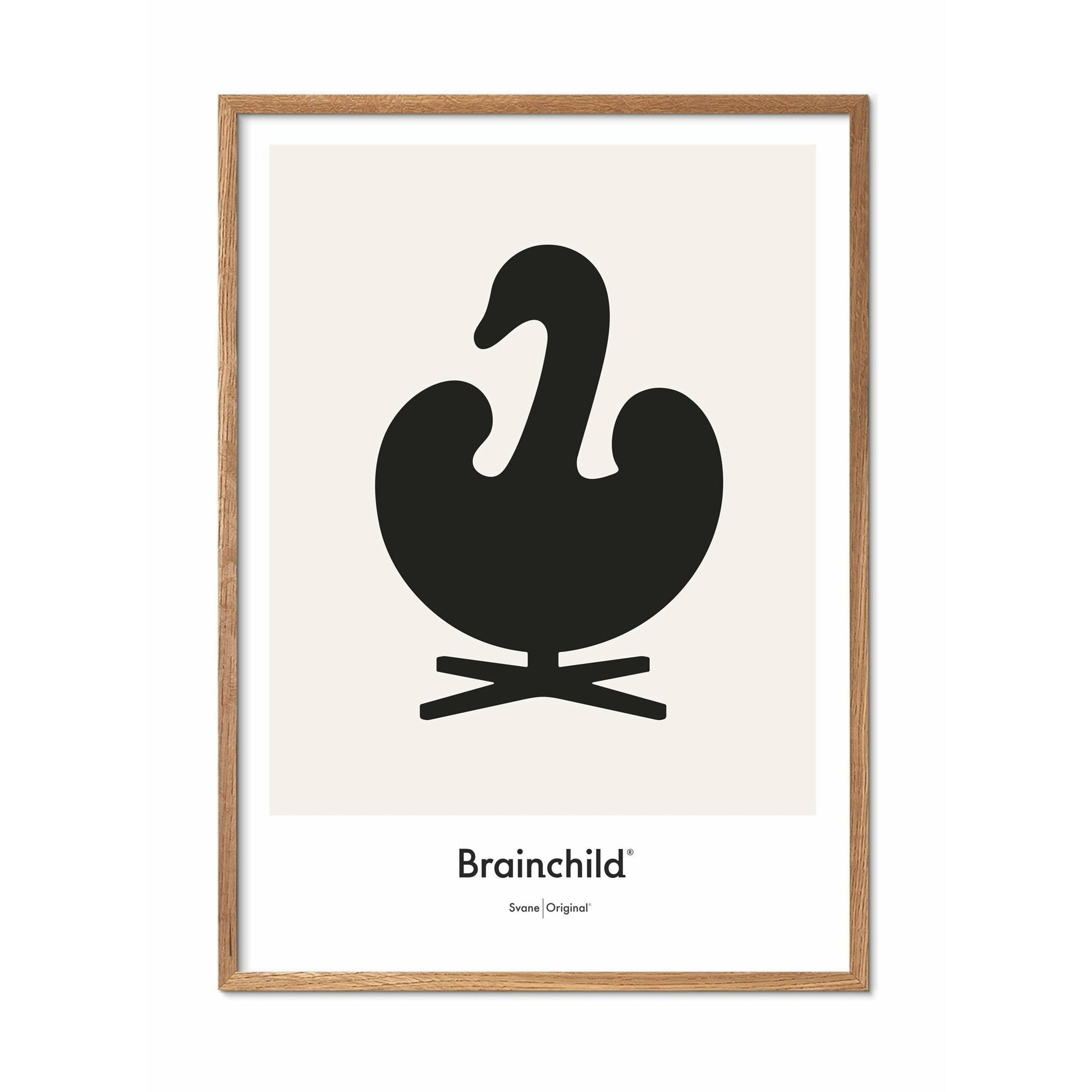 Brainchild Swan Design Icon Poster, Frame Made Of Light Wood 50x70 Cm, Grey