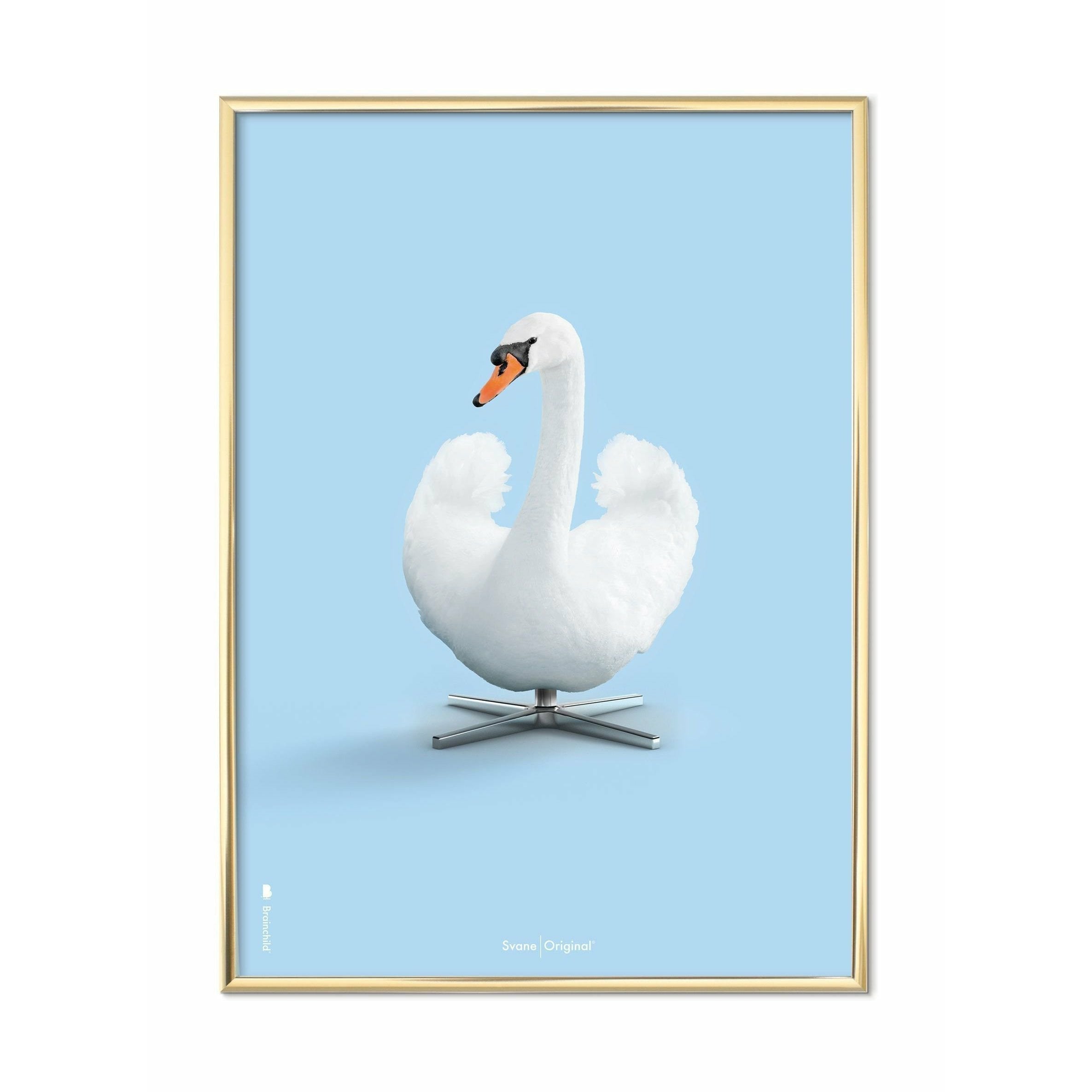 Brainchild Swan Classic Poster, Brass Colored Frame 30x40 Cm, Light Blue Background