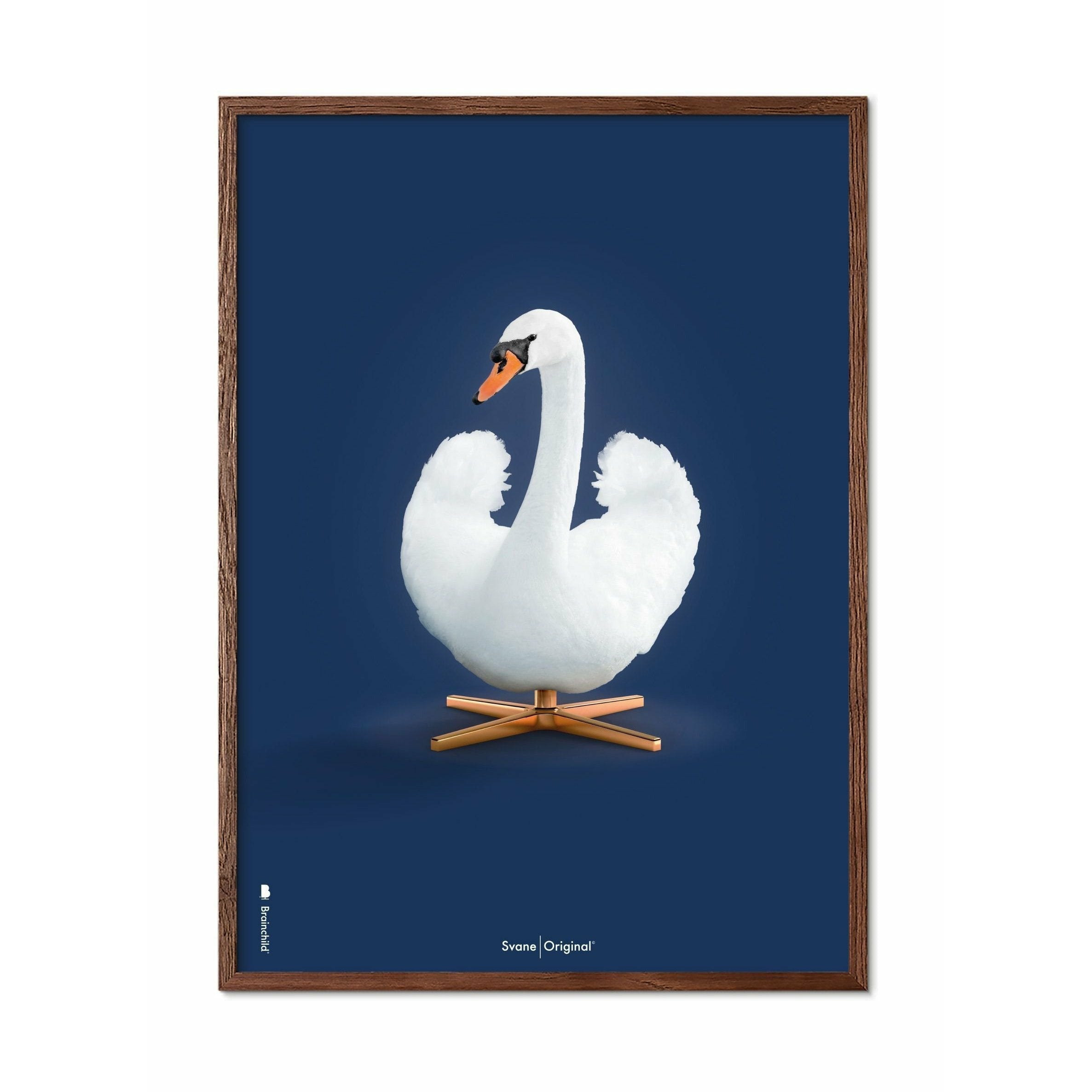 Brainchild Swan Classic Poster, Dark Wood Frame A5, Dark Blue Background