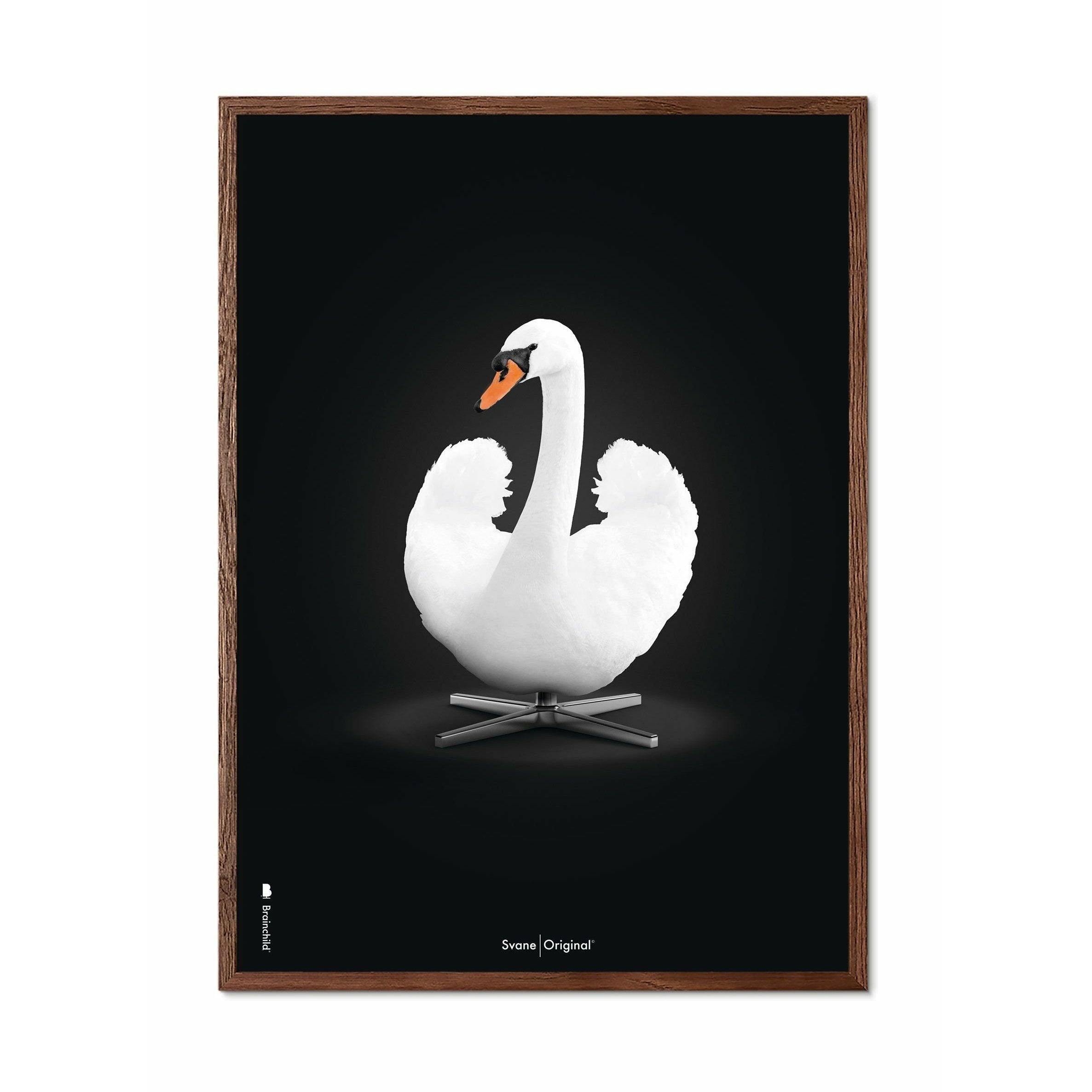 Brainchild Swan Classic Poster, Dark Wood Frame A5, White/White Background