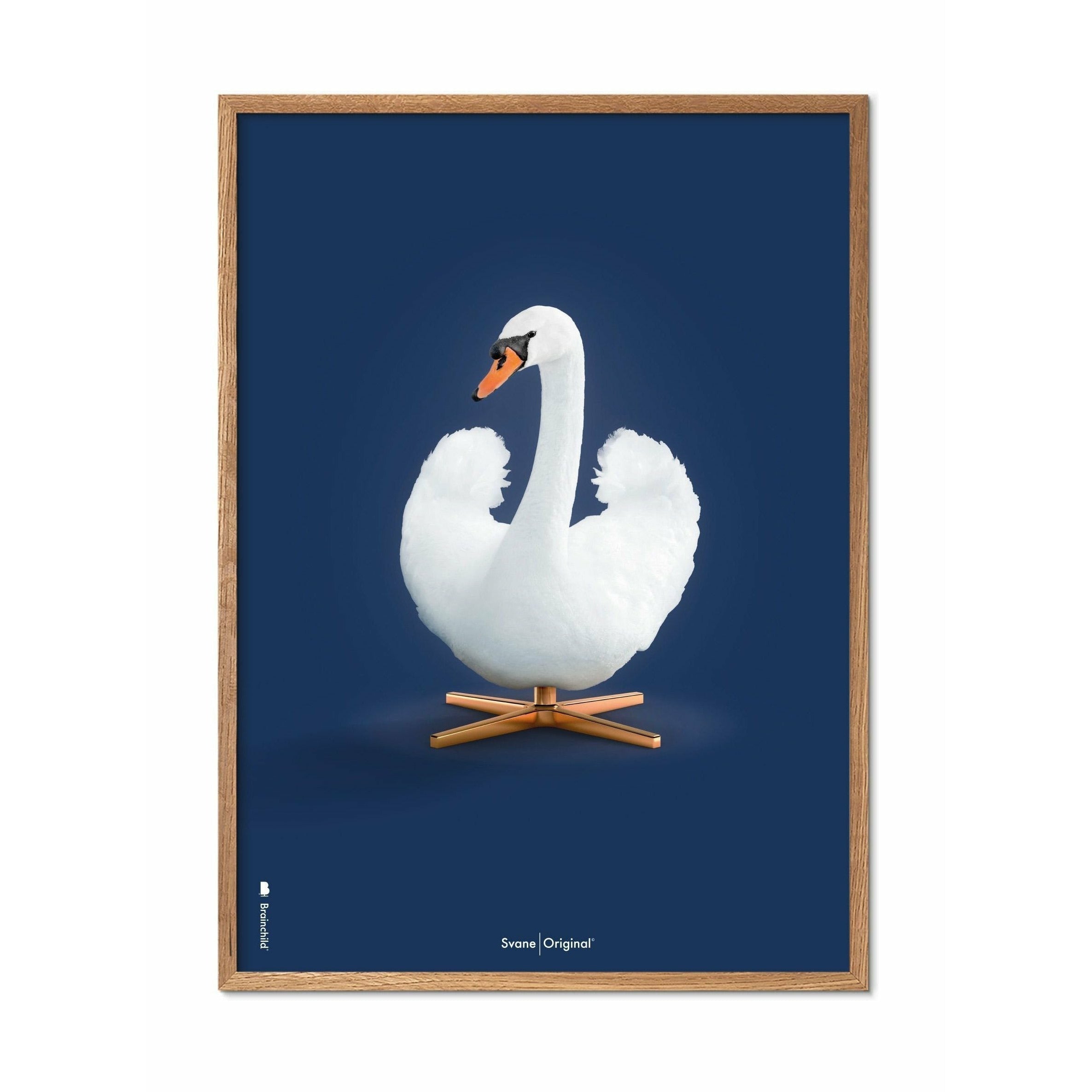 Póster clásico de Swan, marco de madera clara A5, fondo azul oscuro