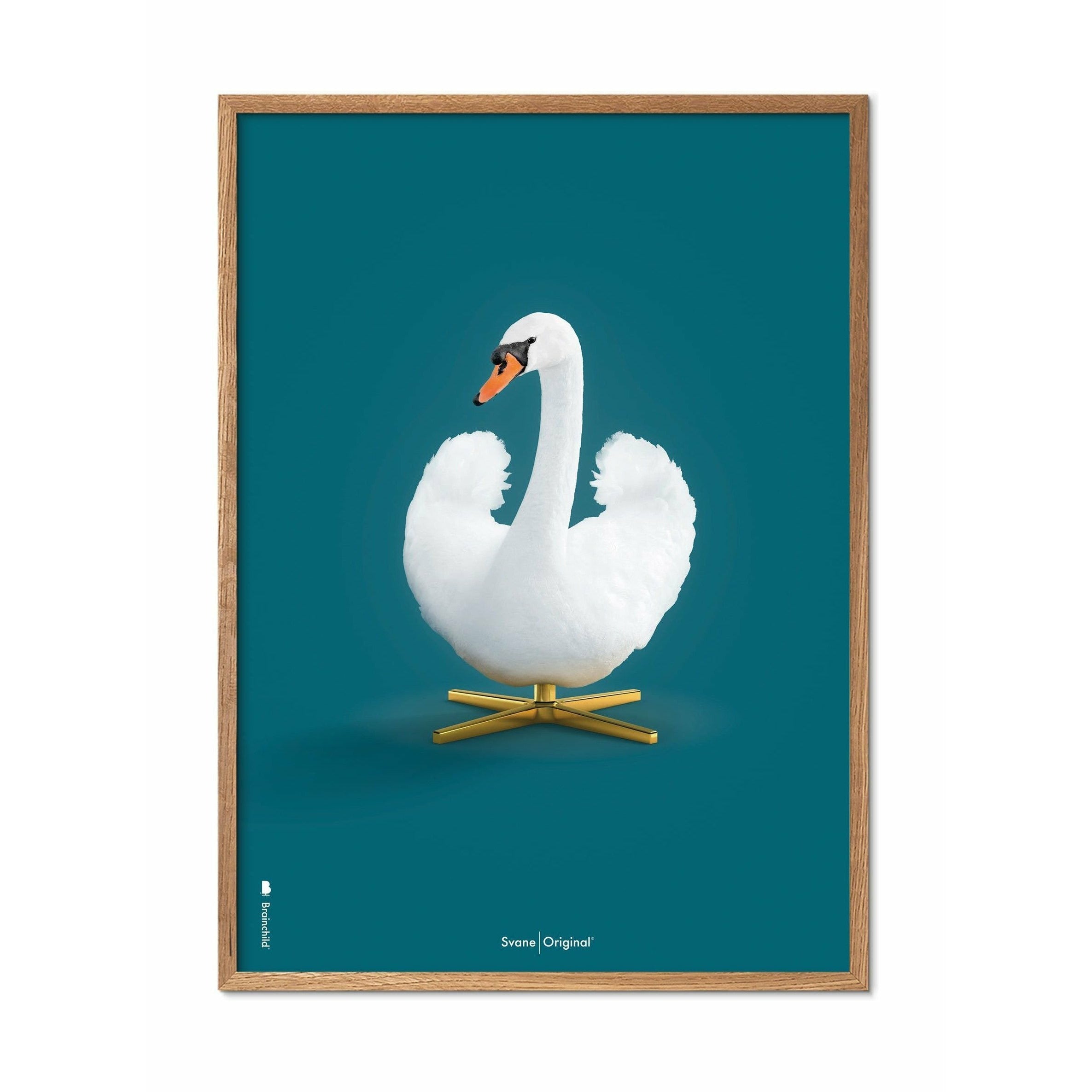 Brainchild Swan Classic Poster, Light Wood Frame A5, Petroleum Blue Background