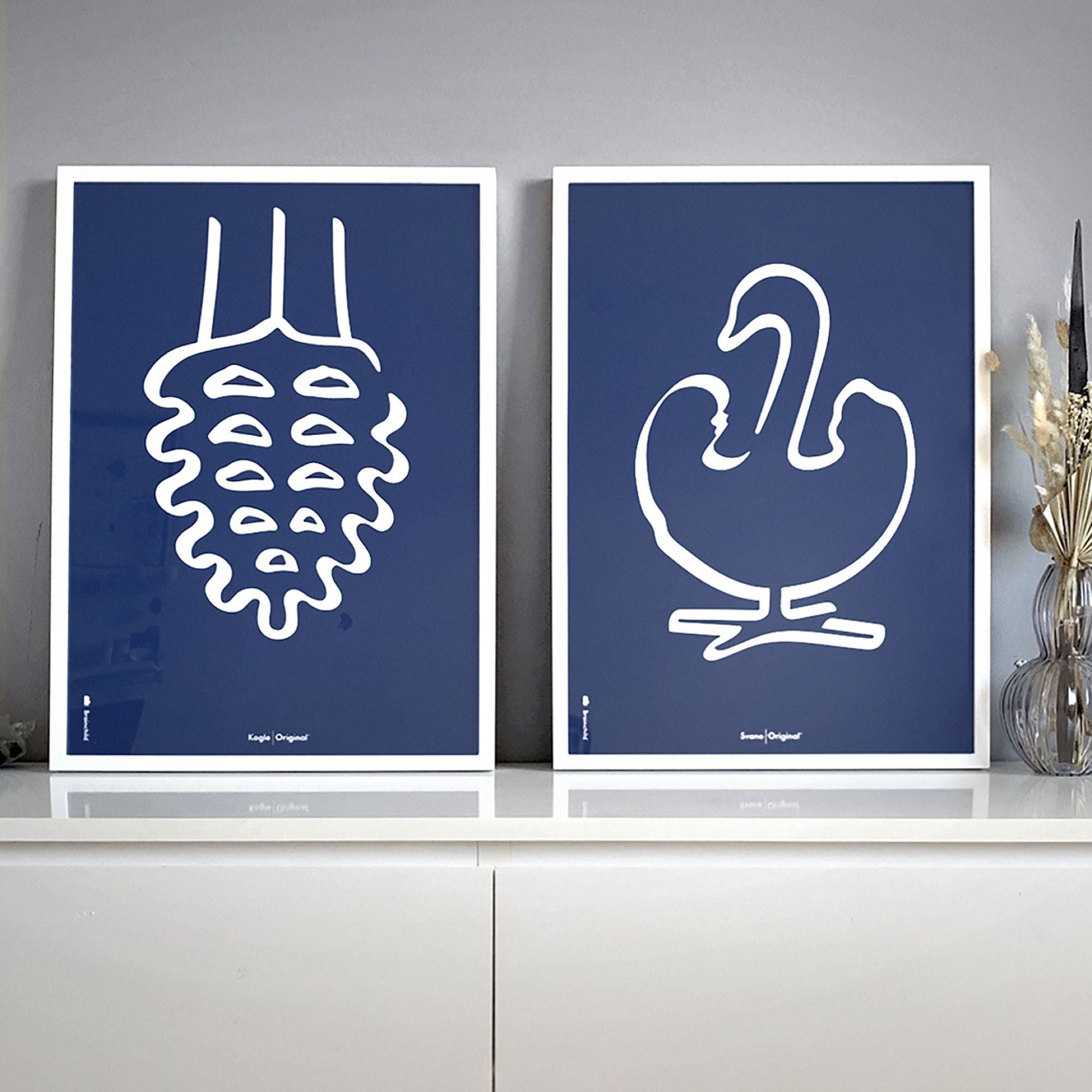 Brainchild Swan Line Poster, messing gekleurd frame 50 x70 cm, blauwe achtergrond