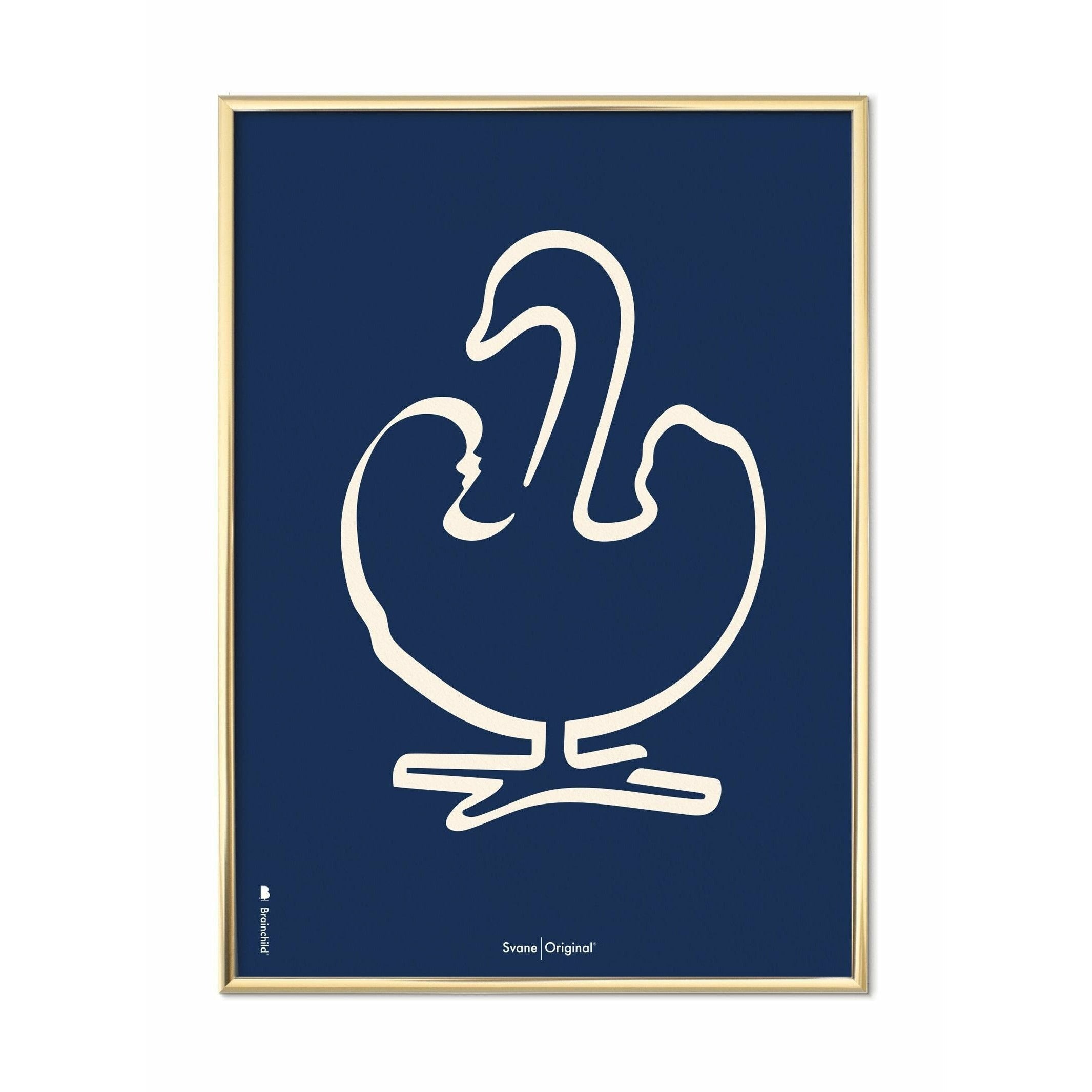 Brainchild Swan Line Poster, messing gekleurd frame 70 x100 cm, blauwe achtergrond