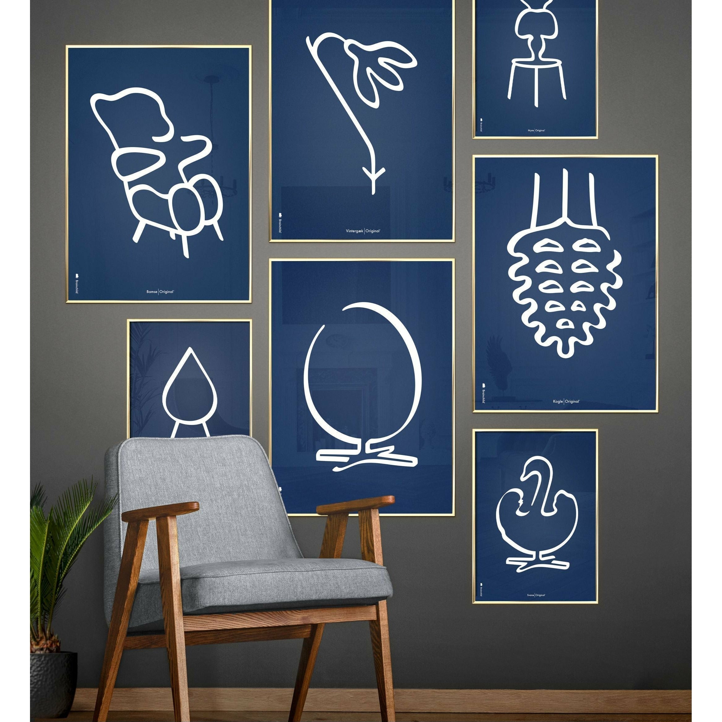 Brainchild Swan Line Poster, Brass Colored Frame A5, Blue Background