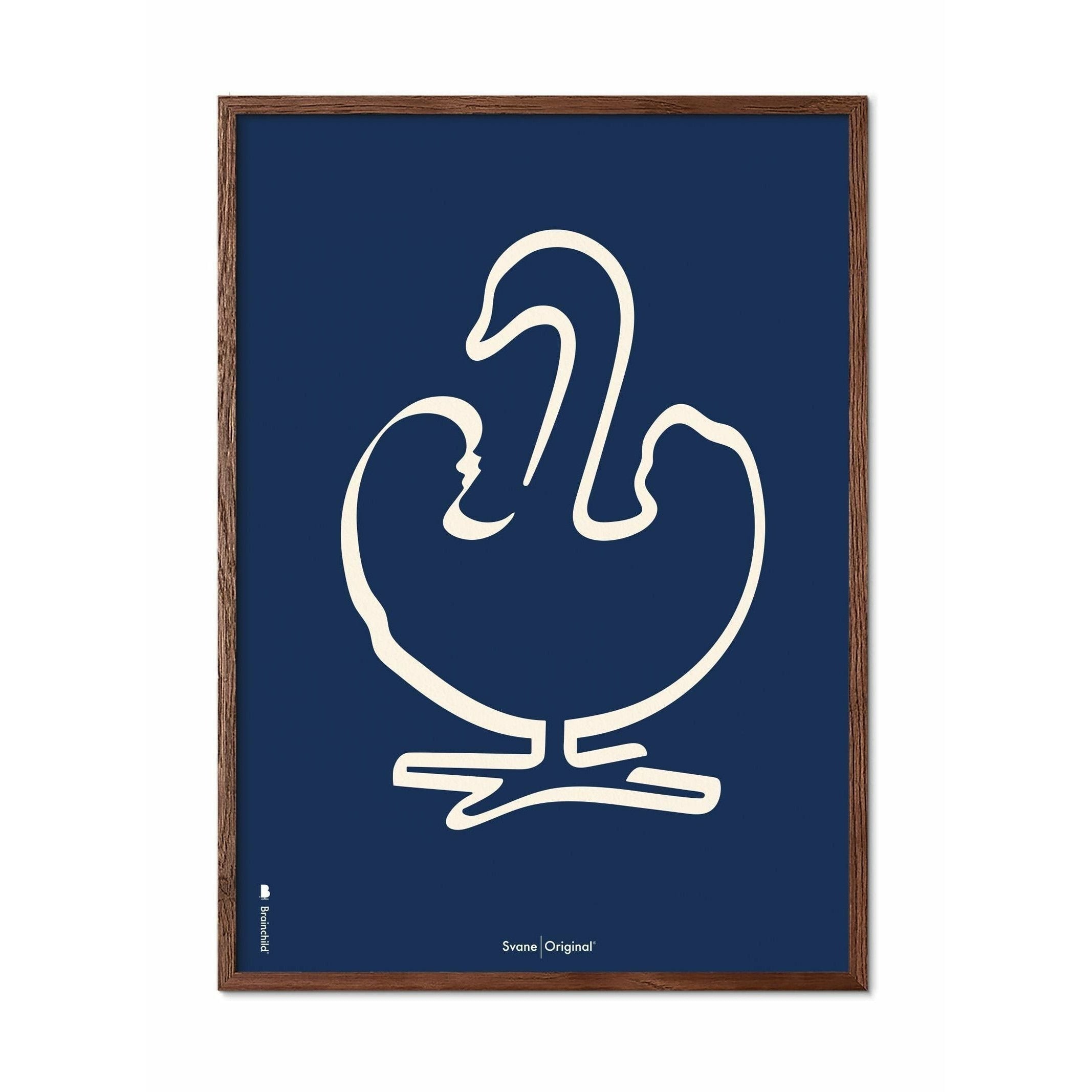 Brainchild Swan Line Poster, Frame Made Of Dark Wood 50x70 Cm, Blue Background