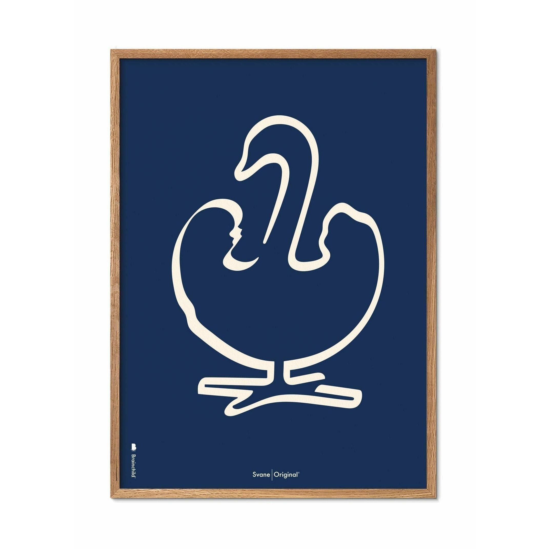 Brainchild Swan Line Poster, Frame Made Of Light Wood 50 X70 Cm, Blue Background