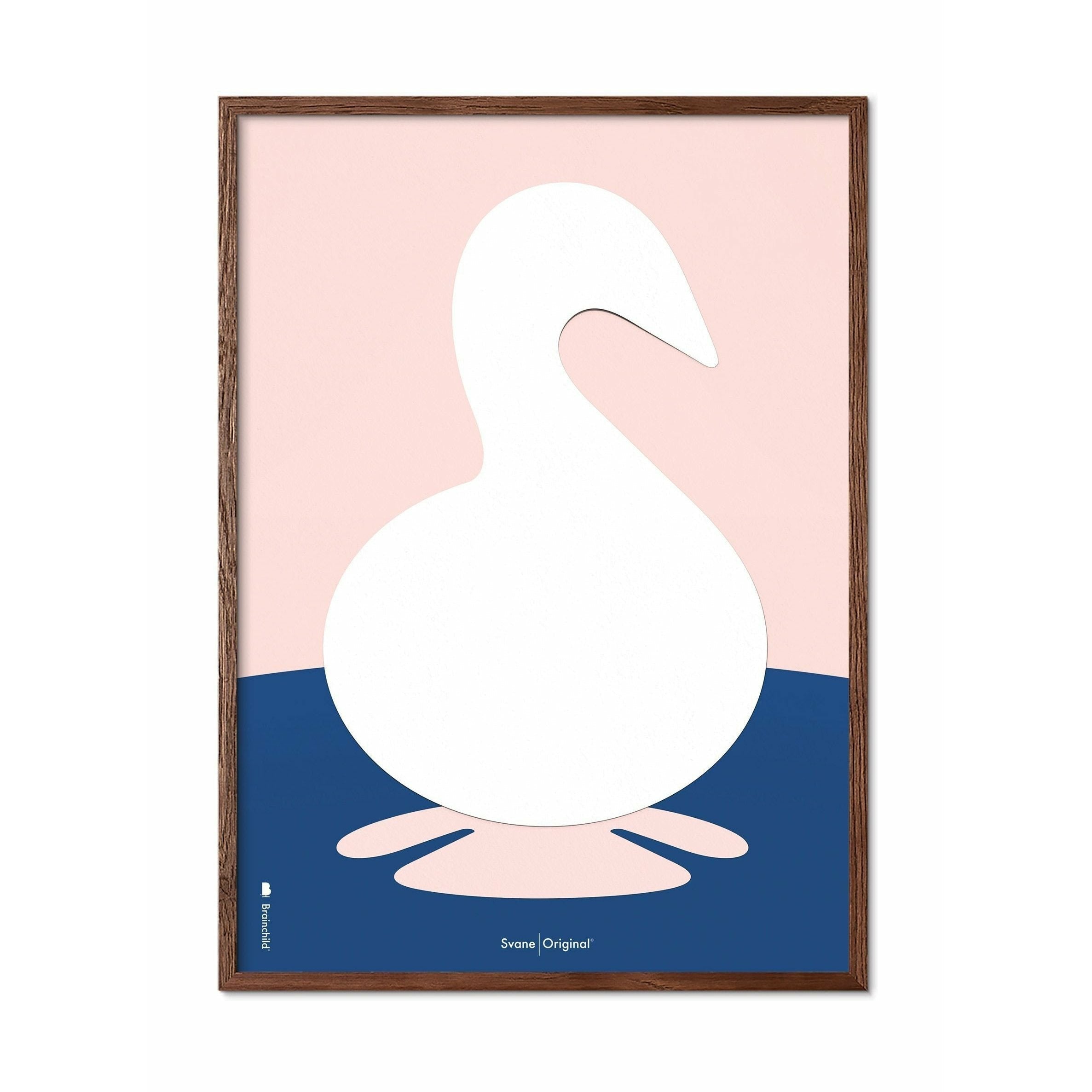 Brainchild Swan Paper Clip Poster, Frame Made Of Dark Wood 50x70 Cm, Pink Background