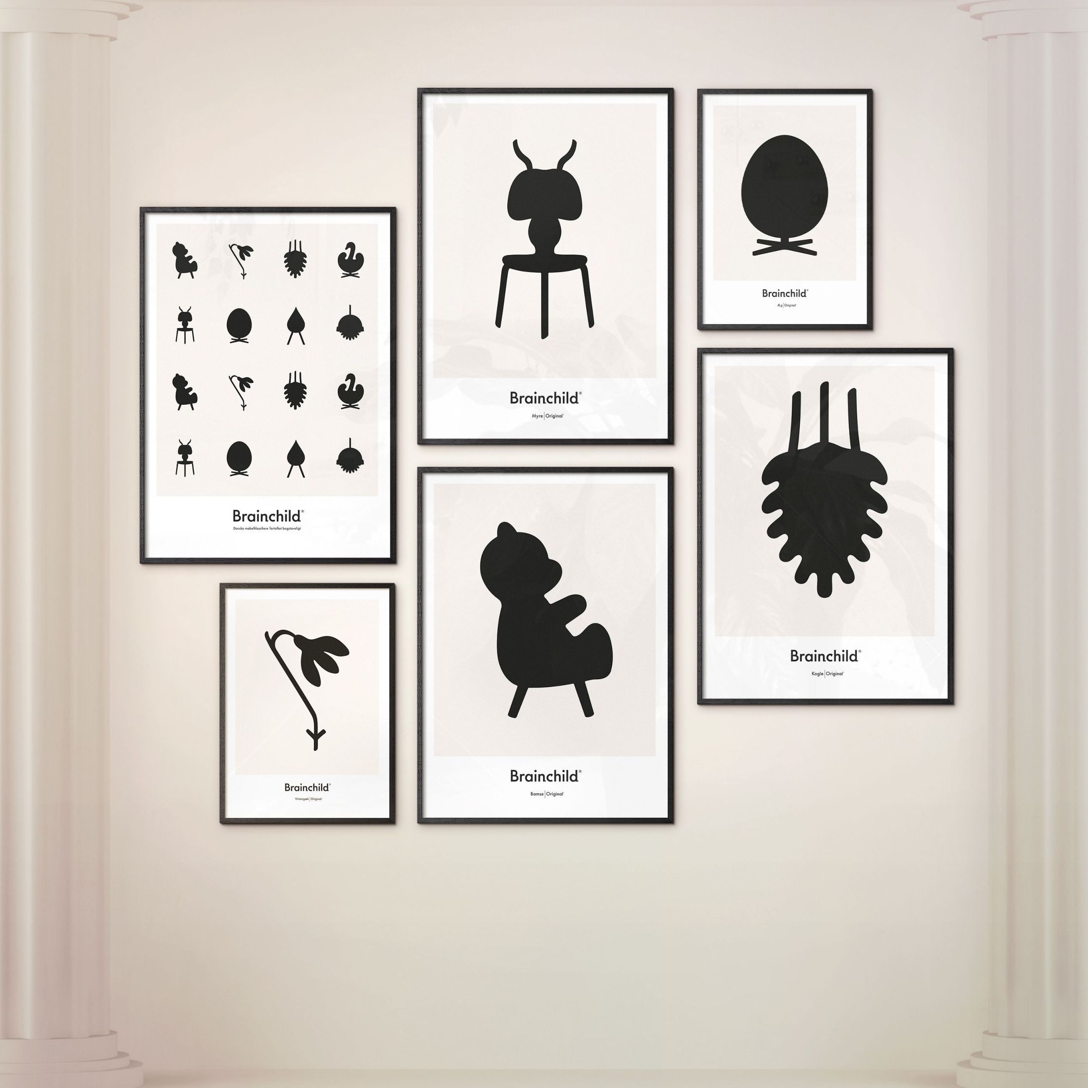 Brainchild Pine Cone Design Icon Poster, Frame Made Of Black Lacquered Wood 50x70 Cm, Grey