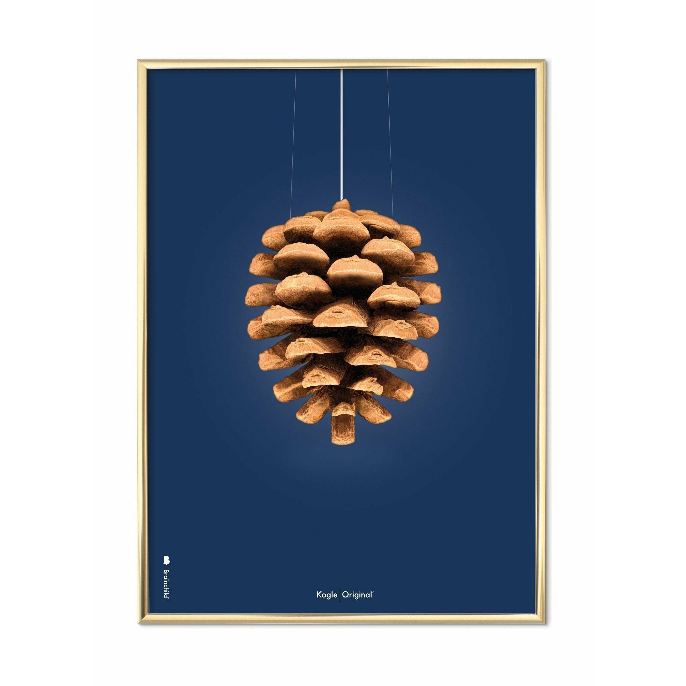Poster classico del cono di pino da un'idea, cornice in ottone 30x40 cm, sfondo blu scuro