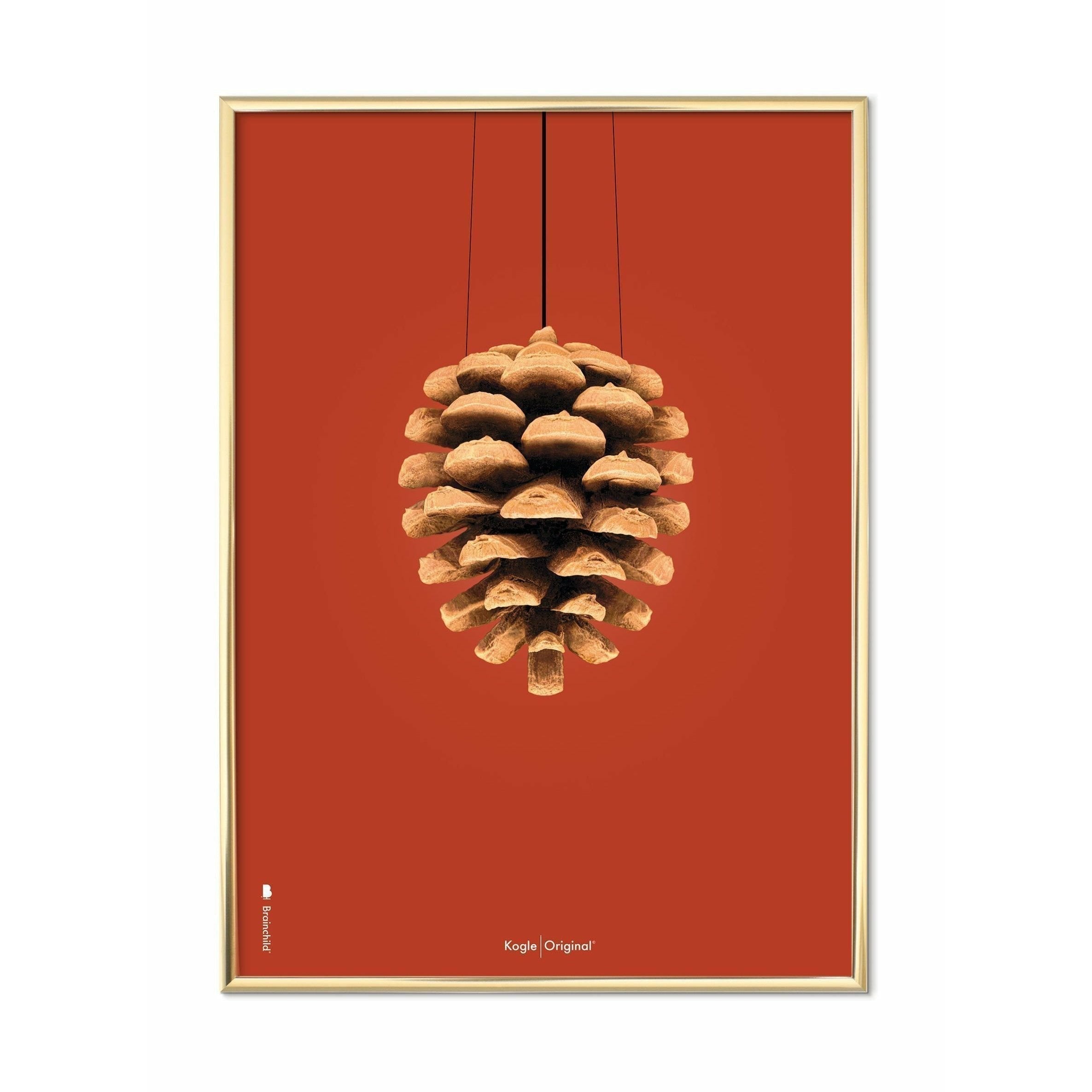 Brainchild Pine Cone Classic Poster, Brass Colored Frame 30x40 Cm, Red Background