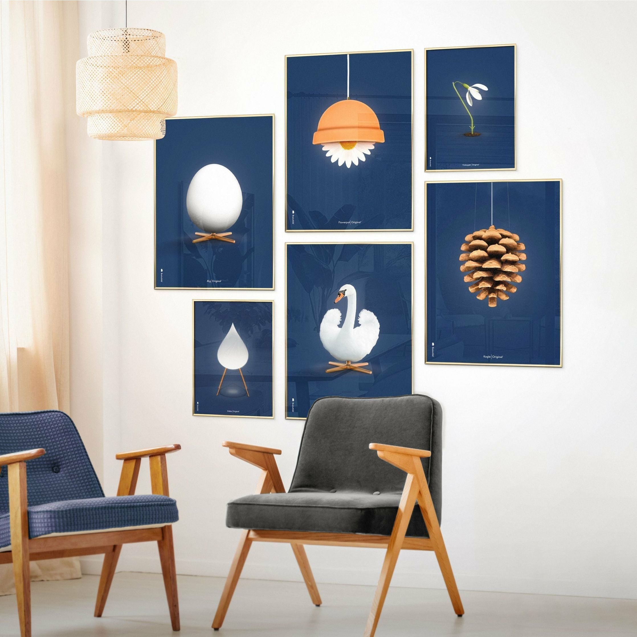 Poster classico del cono di pino da un'idea, cornice in ottone 50x70 cm, sfondo blu scuro