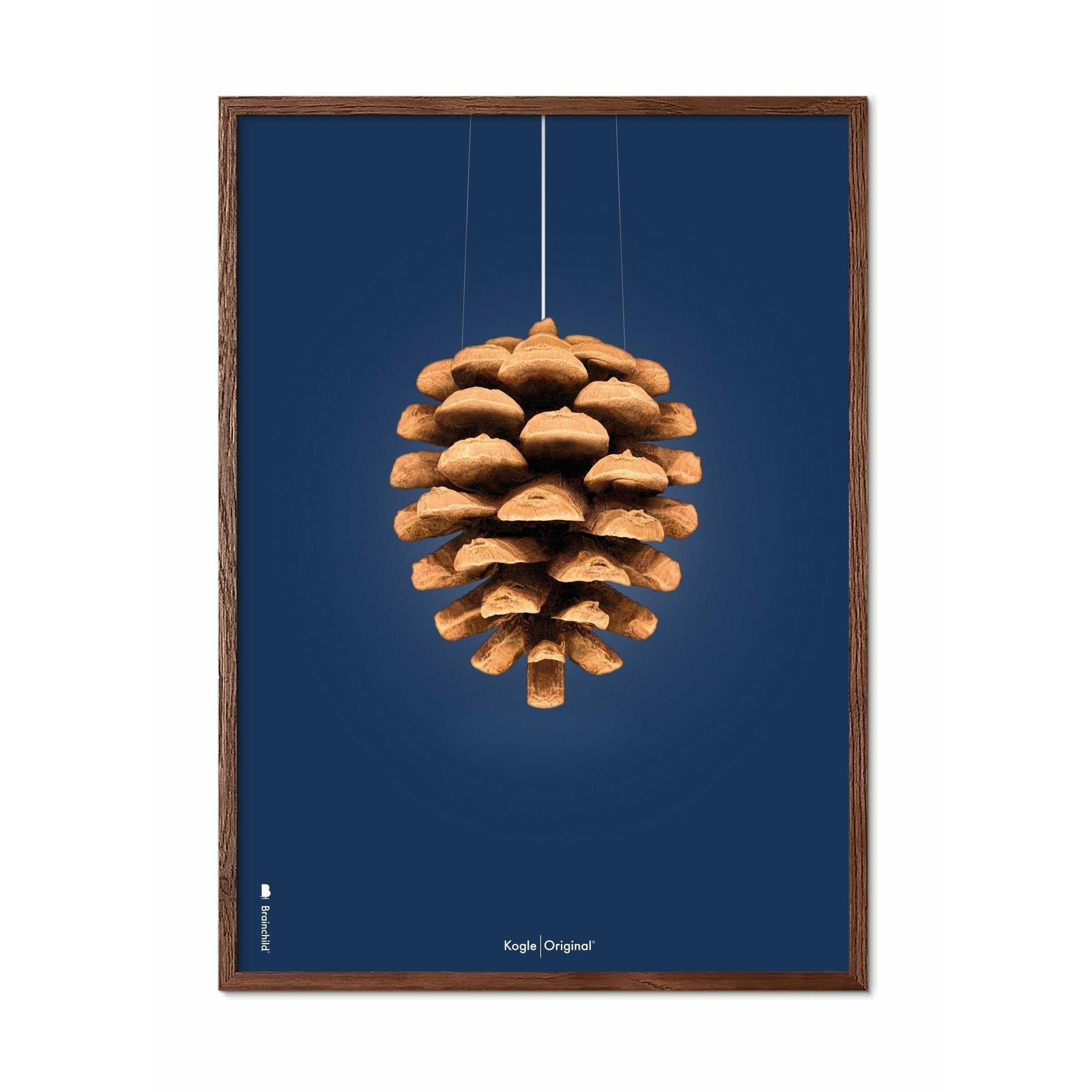 Brainchild Pine Cone Classic Poster, Dark Wood Frame A5, Dark Blue Background