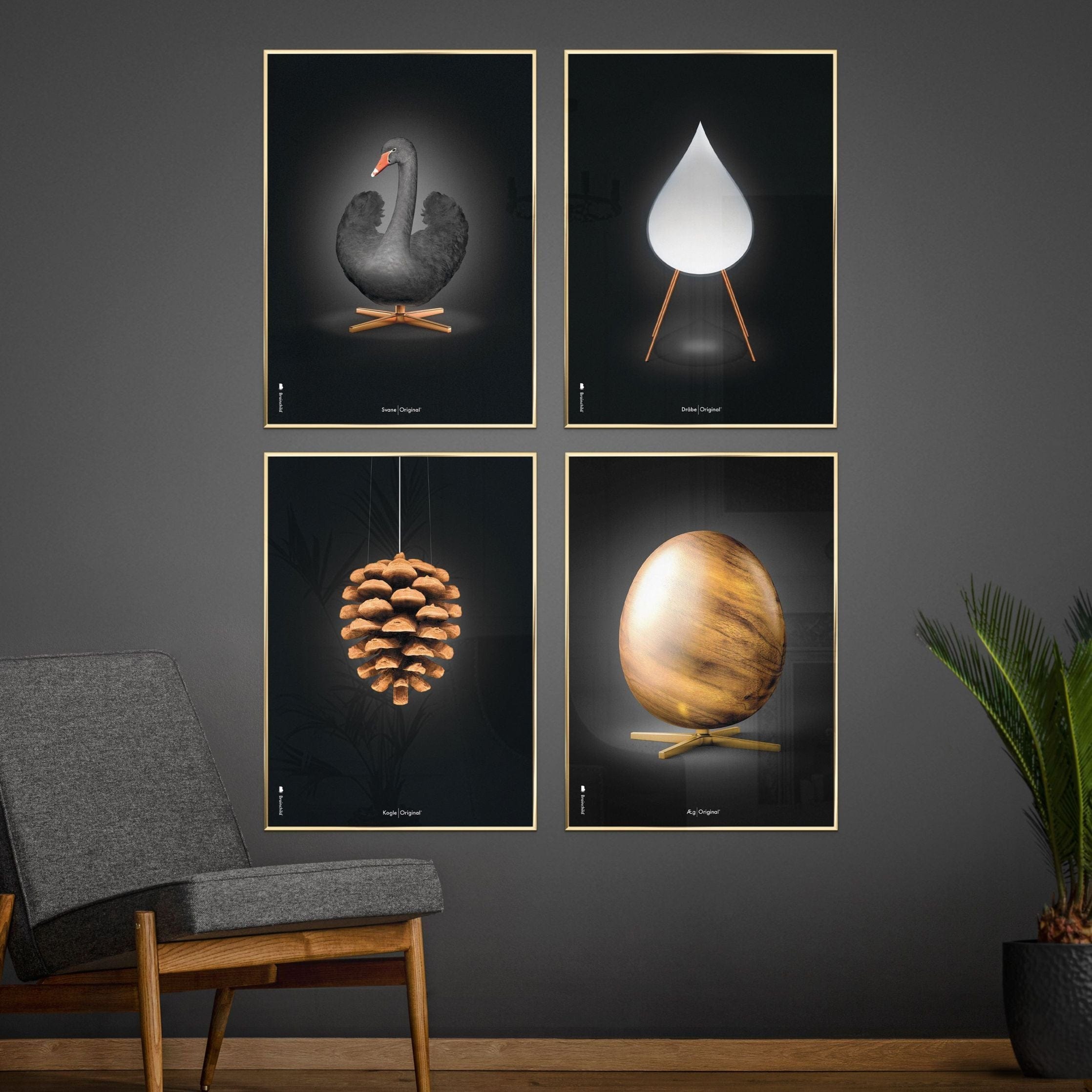 Brainchild Pine Cone Classic Poster, Dark Wood Frame A5, Black Bakgrund