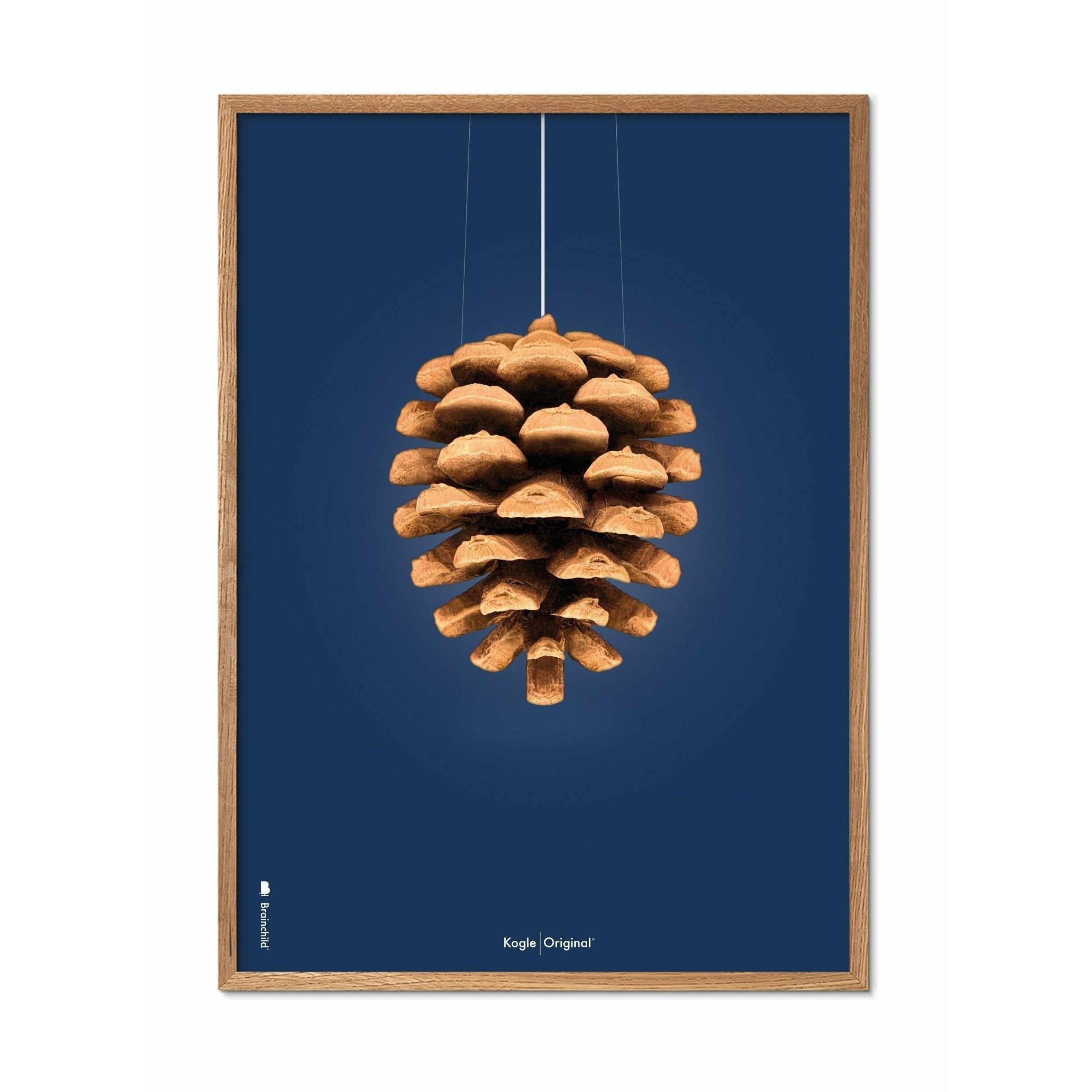 Póster clásico de cono de pino de creación, marco hecho de madera clara de 70x100 cm, fondo azul oscuro