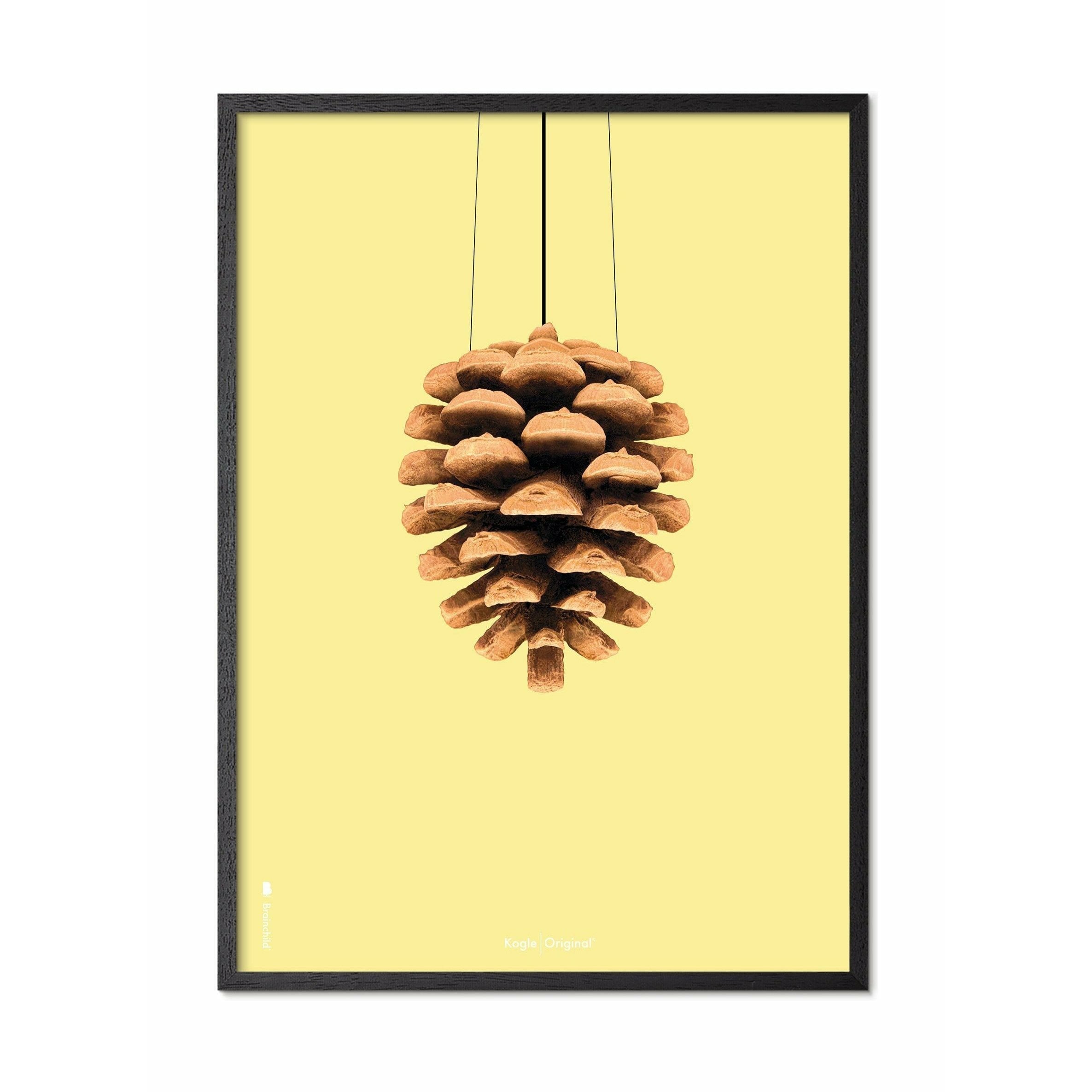 Póster clásico de cono de pino de creación, marco en madera lacada negra de 30x40 cm, fondo amarillo