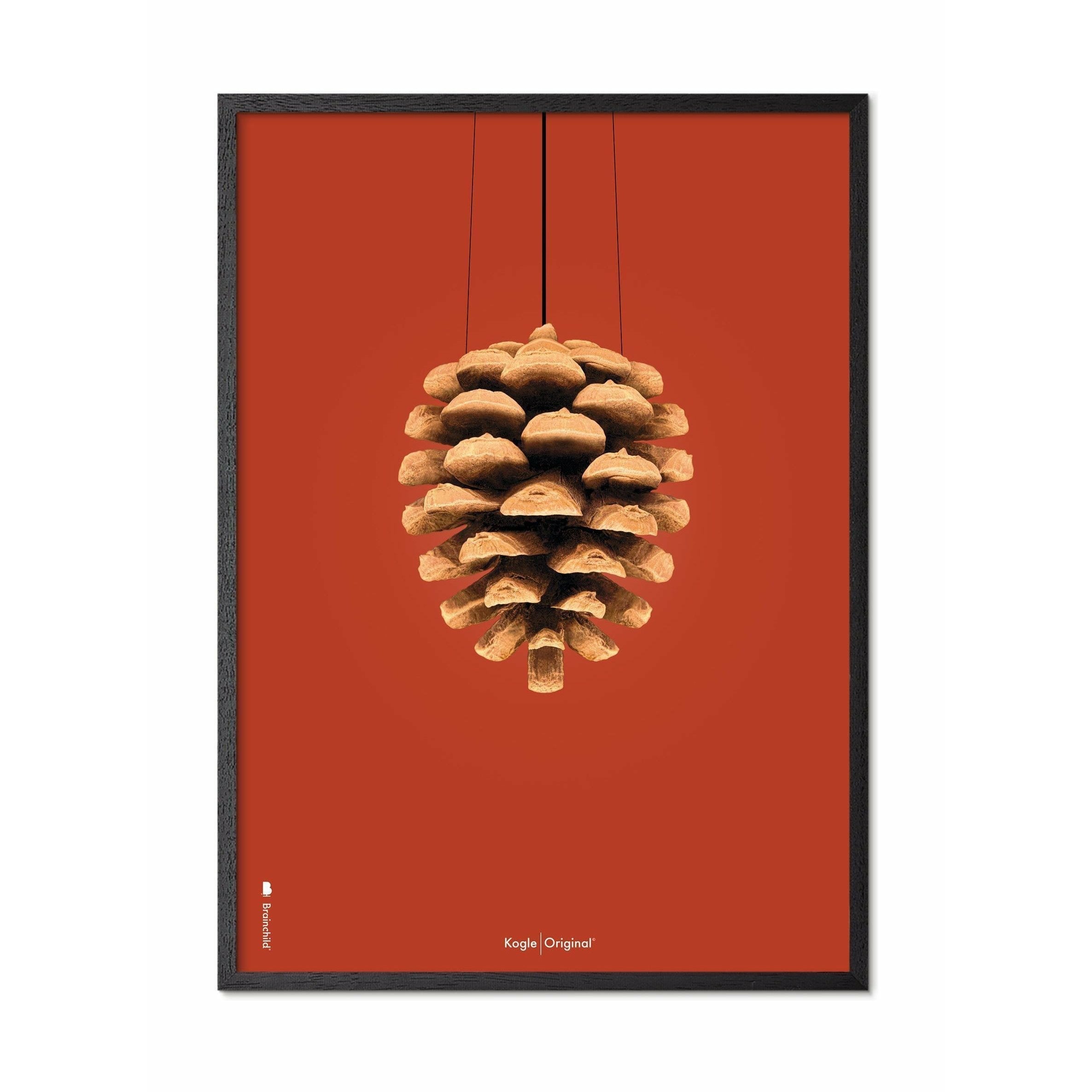 Póster clásico de cono de pino de creación, marco en madera lacada negra A5, fondo rojo