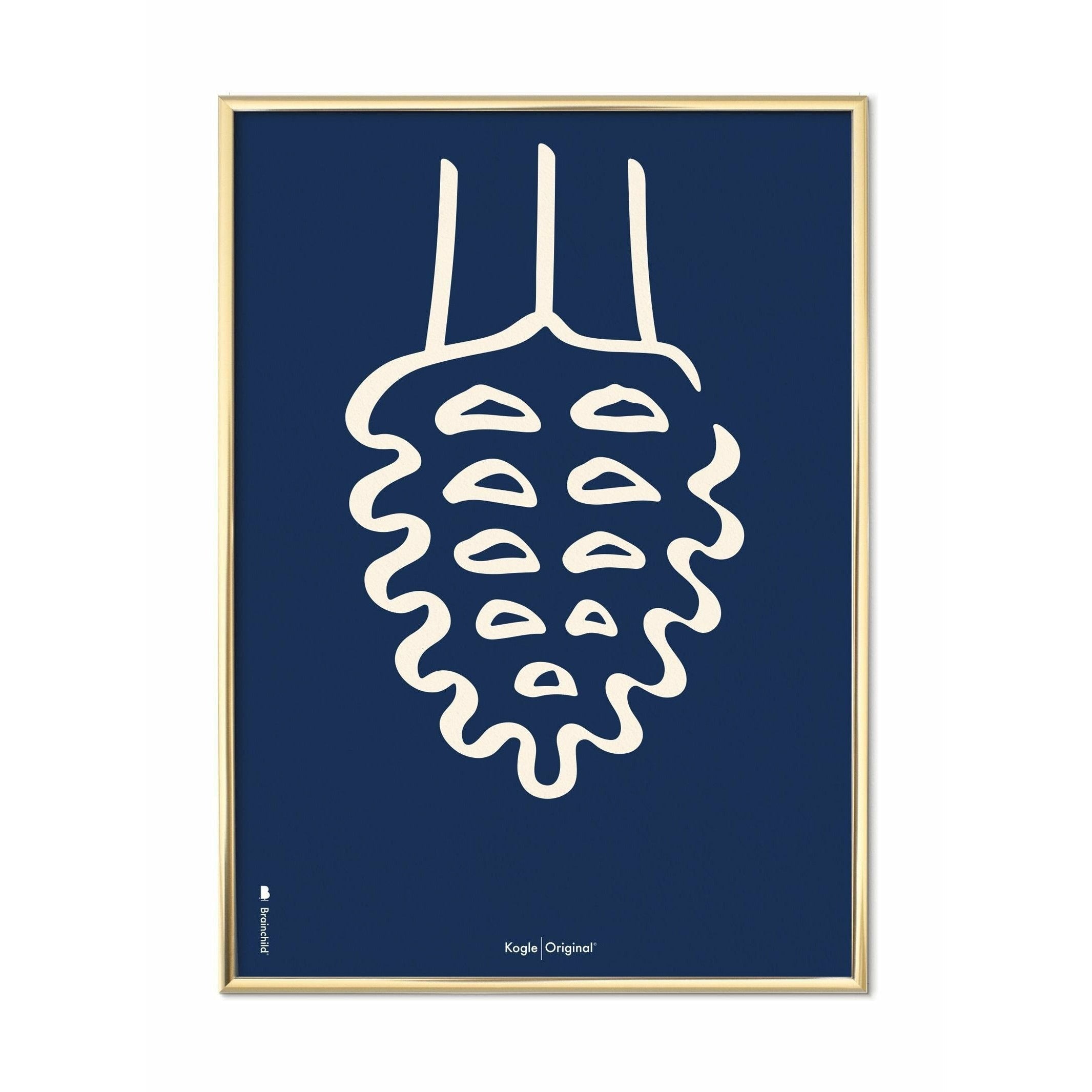 Brainchild Pine Cone Line Poster, messing gekleurd frame 30x40 cm, blauwe achtergrond